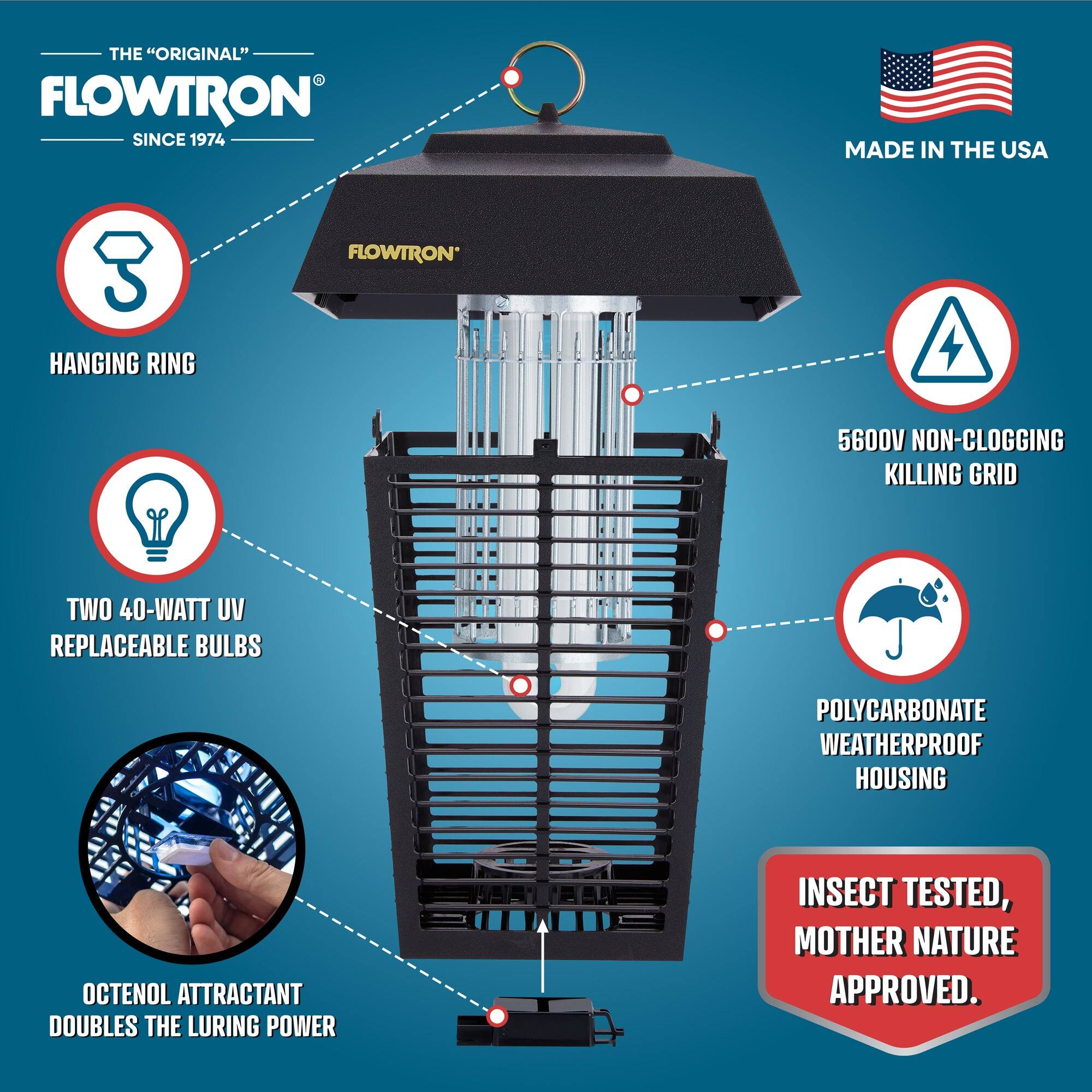 THE "ORIGINAL" FLOWTRON SINCE 1974 MADE IN THE USA FLOWTRON HANGING RING 5600V NON-CLOGGING KILLING GRID TWO 40-WATT UV REPLACEABLE BULBS POLYCARBONATE WEATHERPROOF HOUSING OCTENOL ATTRACTANT DOUBLES THE LURING POWER INSECT TESTED, MOTHER NATURE APPROVED.