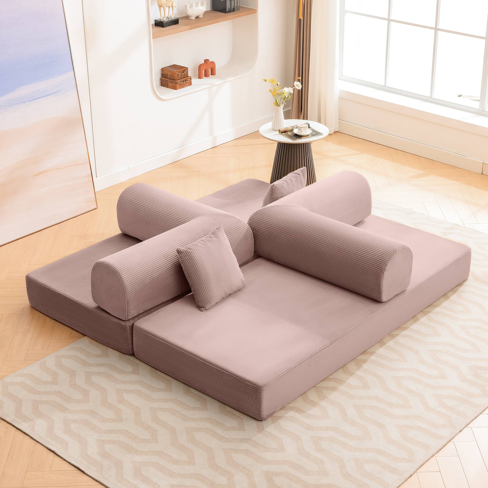 Left. Brick Attic - 4-in-1 Folding Convertible Floor Sofa Bed, 78 Inch Oversized Modern Fabric Boneless Couch for Living Room Bedroom Lounge - Pink.