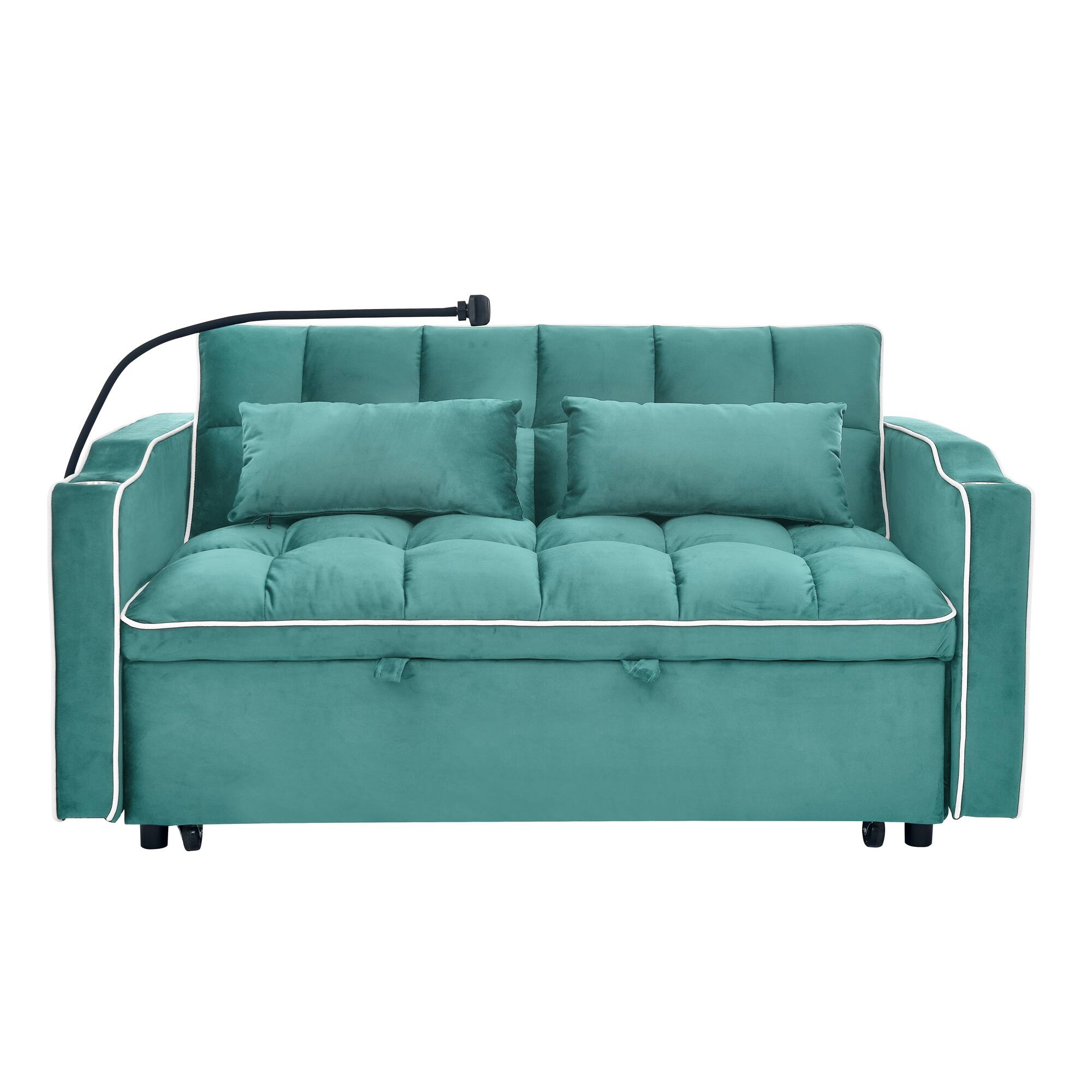 Alt View 8. Tiramisubest - Modern Velvet Versatile Foldable Sofa Bed in 3 Lengths,Adjustable Back w/ USB Port,Ashtray & Swivel Phone Stand (Green) - Antique blue green.