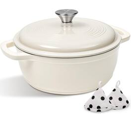 FINEAK - 5QT Enameled Cast Iron Dutch Oven with Potholders for Versatile Cooking - Cream White