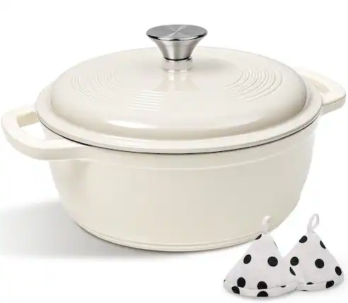 Front. FINEAK - 5QT Enameled Cast Iron Dutch Oven with Potholders for Versatile Cooking-Cream White - Cream White.