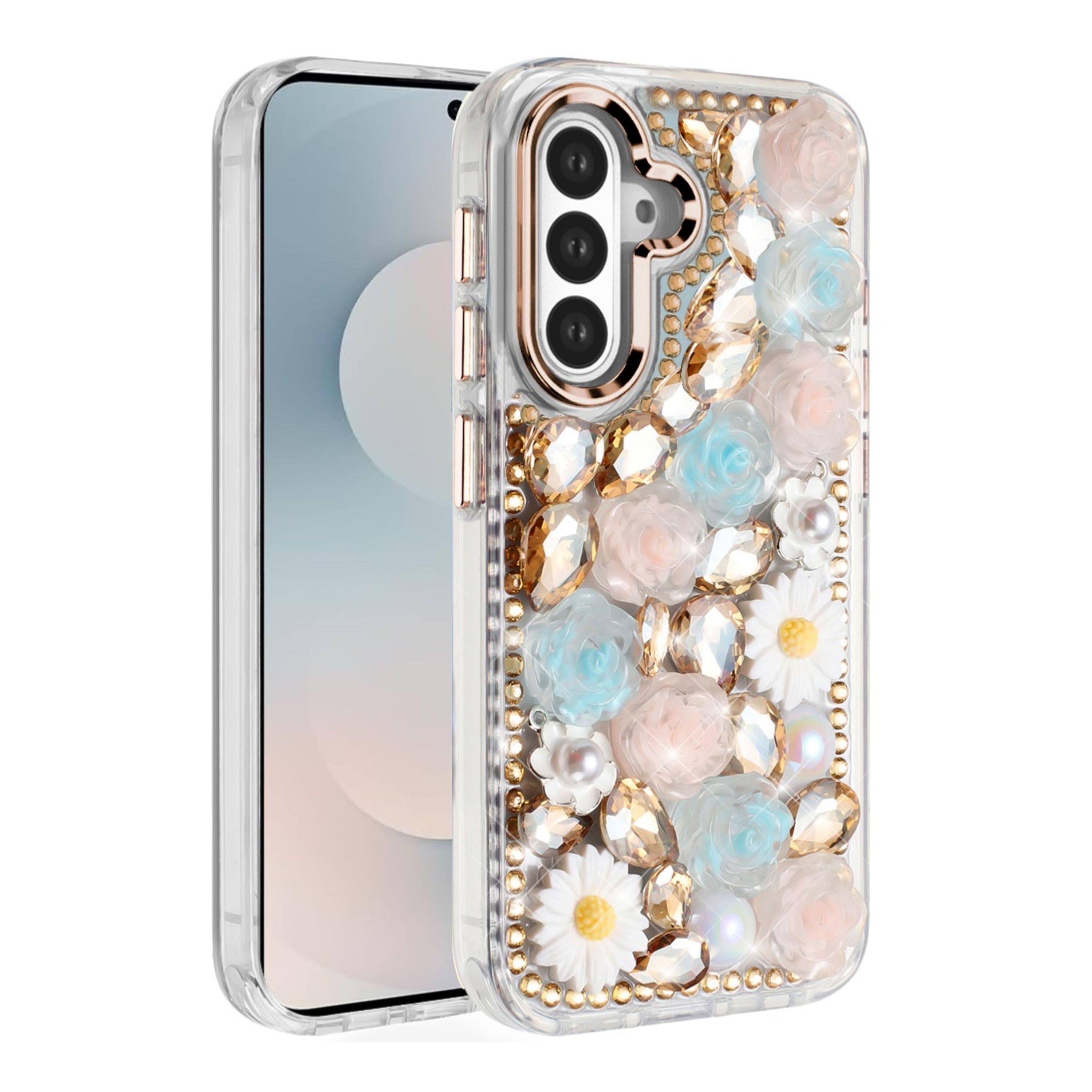 Front. Kitcheniva - Full 3D Rhinestone Jewel Phone Case With Tempered Glass For Samsung S25 FE Gold - Gold.