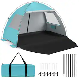 Costway - Beach Tent Sun Shelter with Canopy Pop-Up 5-6 Person UPF50+ Sun Protection - Blue