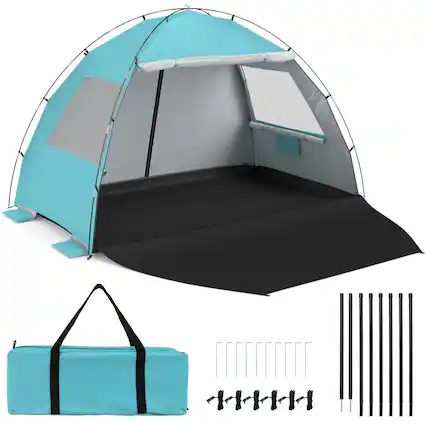 Front. Gymax - Gymax Beach Tent Sun Shelter w/ Canopy 3-4 Person Easy Setup Extended Floor Blue - Blue.