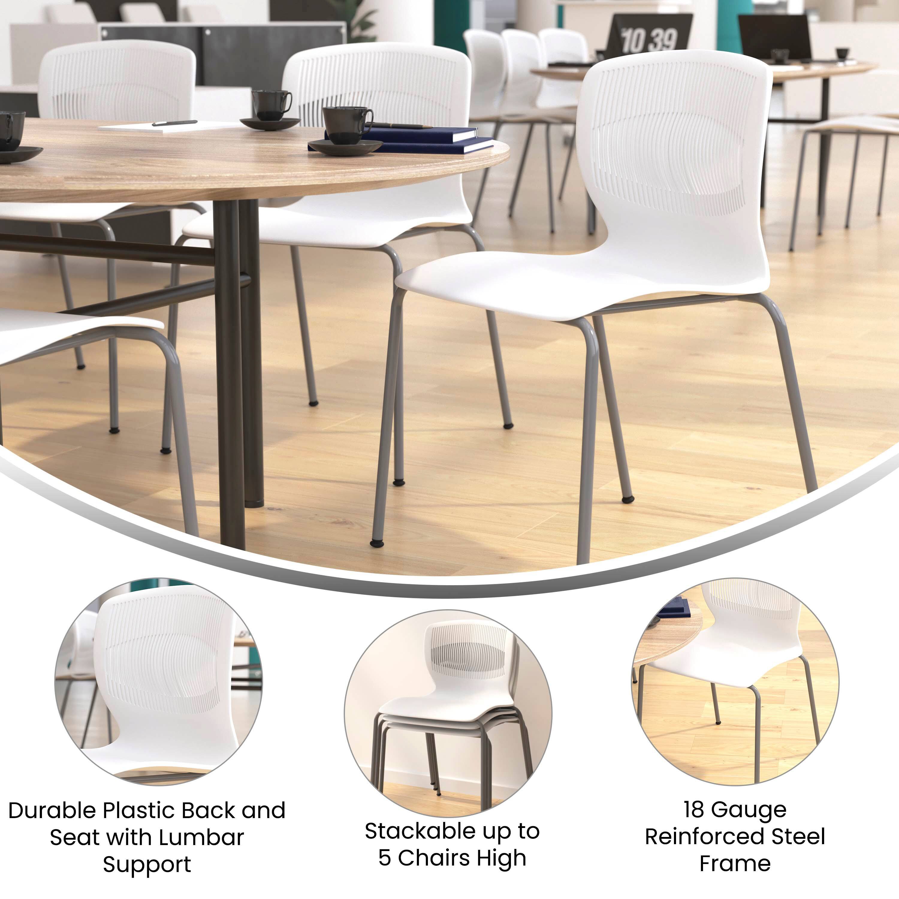 - Durable Plastic Back and Seat with Lumbar Support
- Stackable up to 5 Chairs High
- 18 Gauge Reinforced Steel Frame