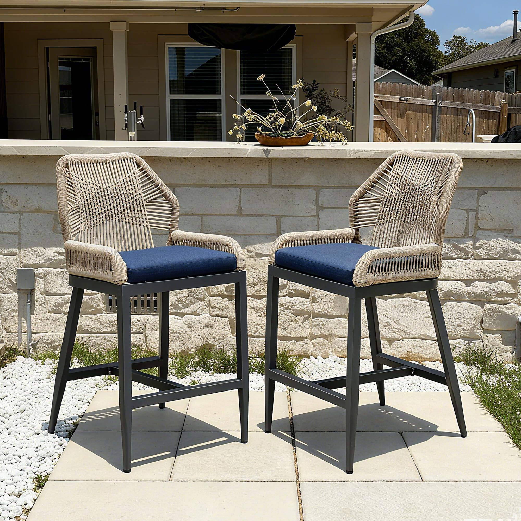 Alt View 2. PURPLE LEAF - Outdoor Sunbrella Bar Stool Set of 2, Wicker Rattan Bar stools with Back Aluminum Outside Garden Patio Bar Chairs - Dark Grey &-Navy Blue-Counter Height.