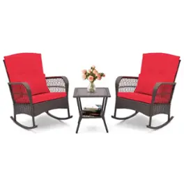 Costway - 3 PCS Patio Rocker Set Outdoor Wicker Rocking Chairs with Double-Layer Coffee Table - Red