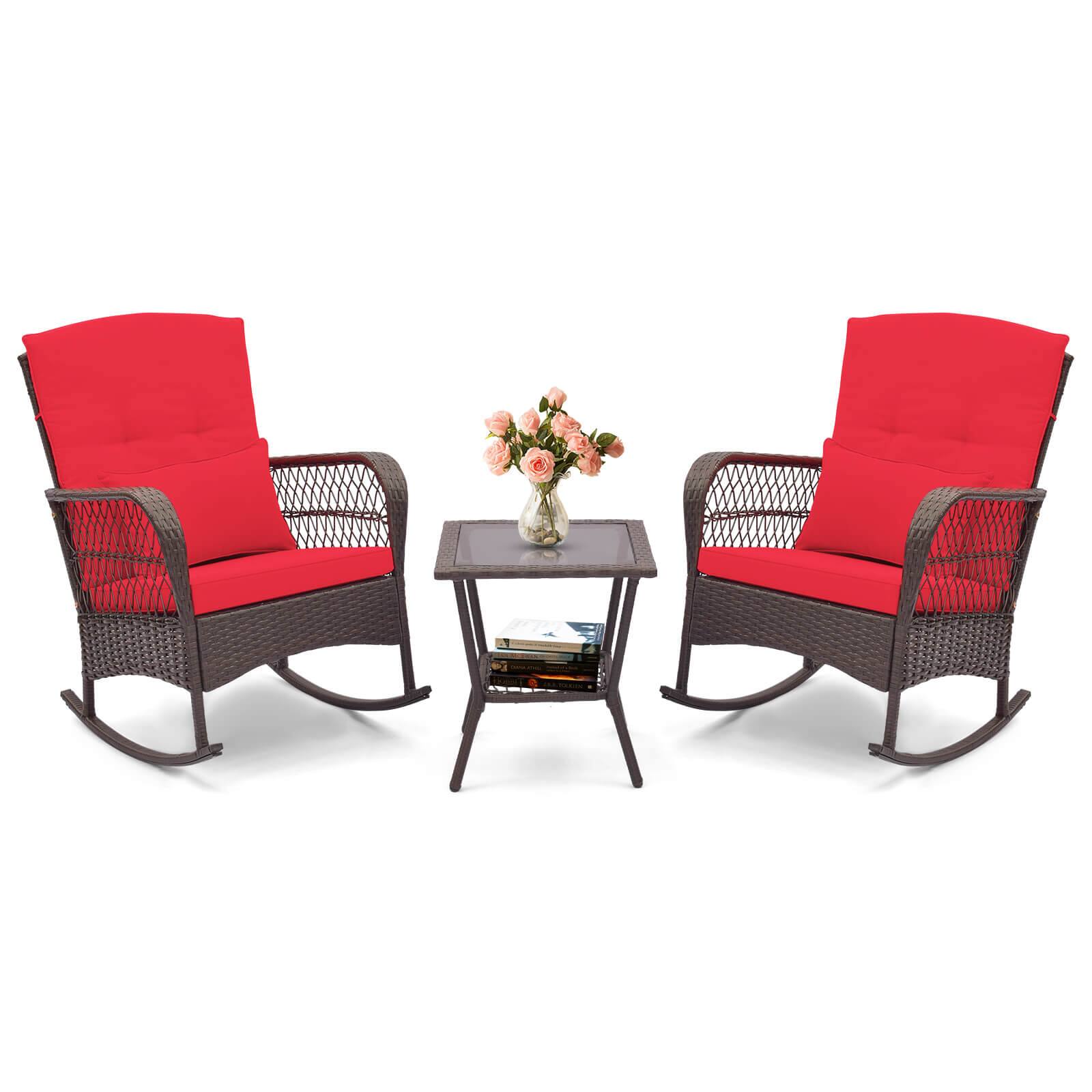Costway - 3 PCS Patio Rocker Set Outdoor Wicker Rocking Chairs with Double-Layer Coffee Table - Red