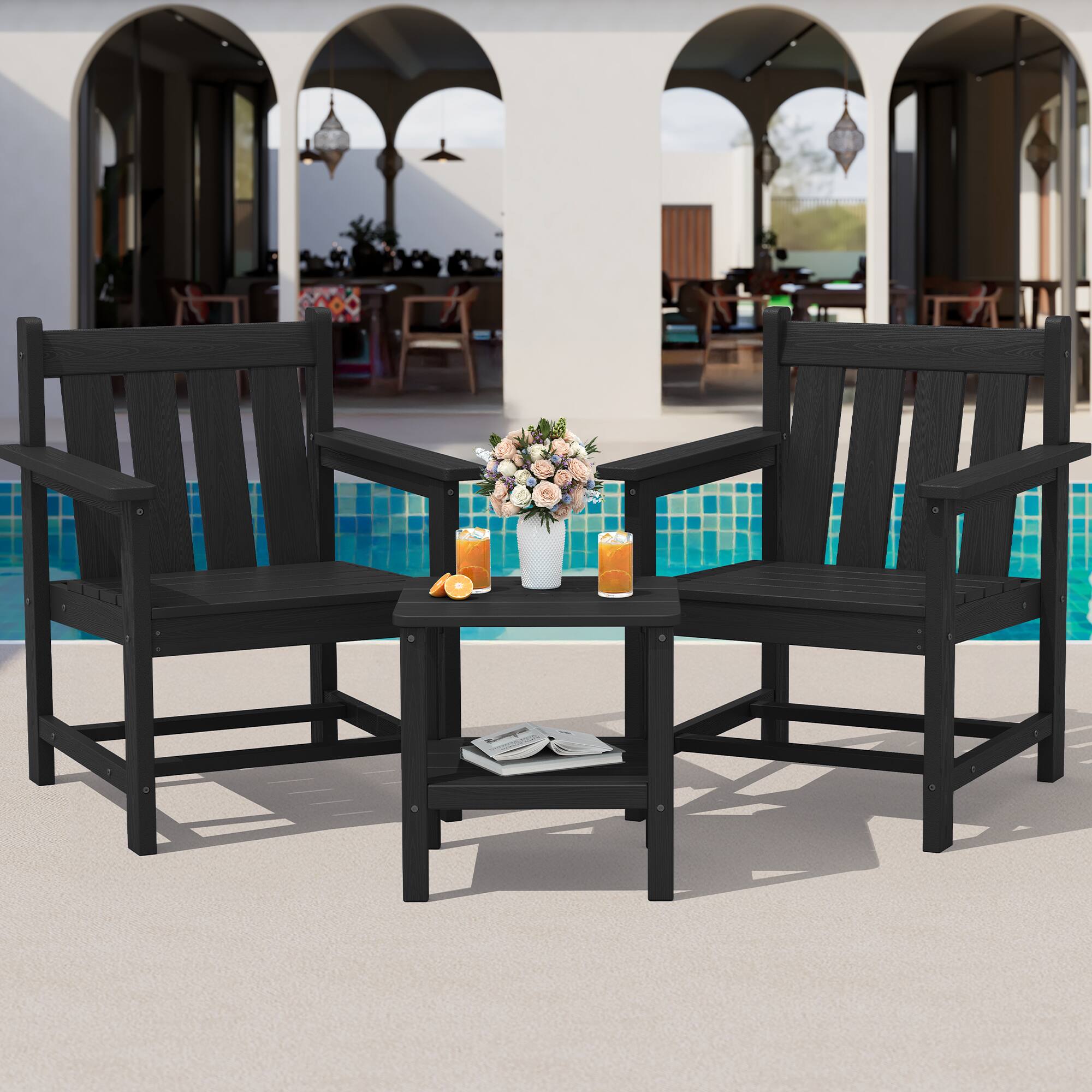 Alt View 1. SERWALL - SERWALL 3 Pieces Patio Bistro Set-Outdoor Chairs and Side Table with Umbrelle Hole,Black - black.