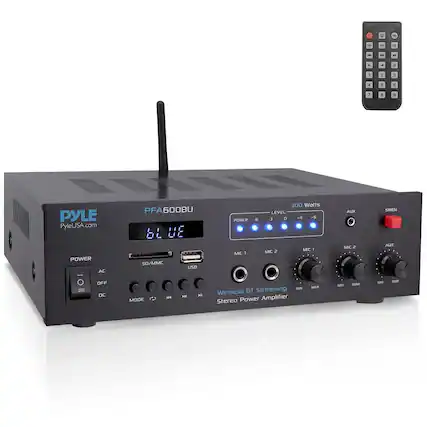 PYLE
PyleUSA.com
PFA600BU
300 Watts
Wireless BT Streaming
Stereo Power Amplifier
POWER
AC
OFF
DC
MODE
SD/MMC
USB
LEVEL
-6 -3 0 +4 +6
MIC 1
MIC 2
AUX
MIN MAX
AUX
SIREN
6LUE
PYLE
PFA600BU
300 Watts
Wireless BT Streaming
Stereo Power Amplifier