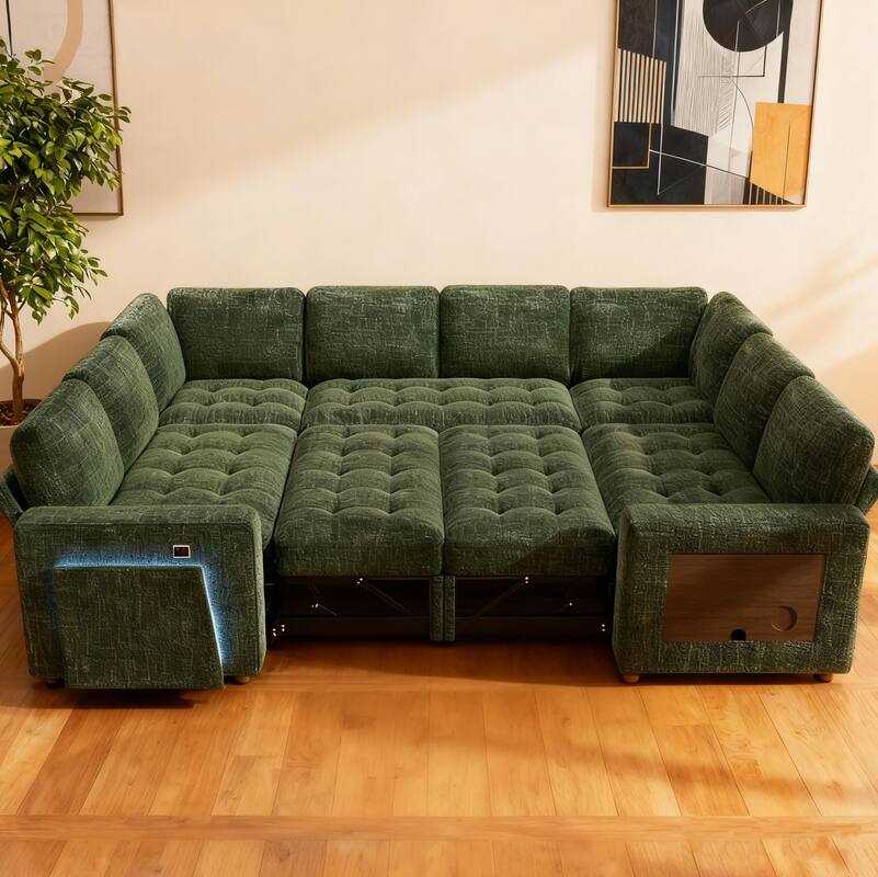 Alt View 4. Dyonery - Dyoney Large U Shaped Sectional Couch,with Pull Out Bed/Reclining Backrest/Table/Storage Seat,Tool-Free Assembly - Green.