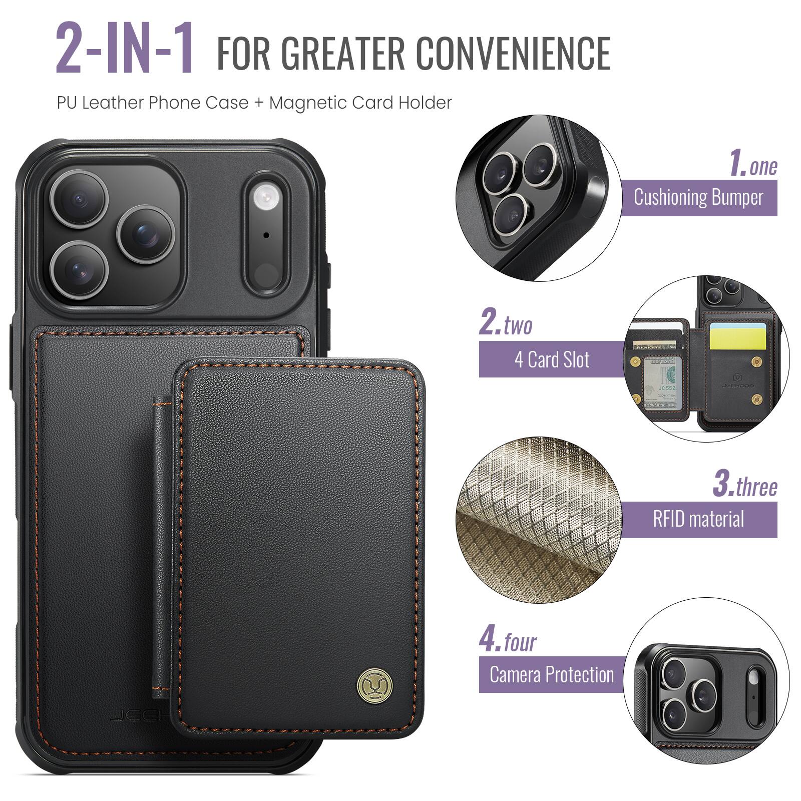 2-IN-1 FOR GREATER CONVENIENCE  
PU Leather Phone Case + Magnetic Card Holder  

1. one  
Cushioning Bumper  

2. two  
4 Card Slot  

3. three  
RFID material  

4. four  
Camera Protection