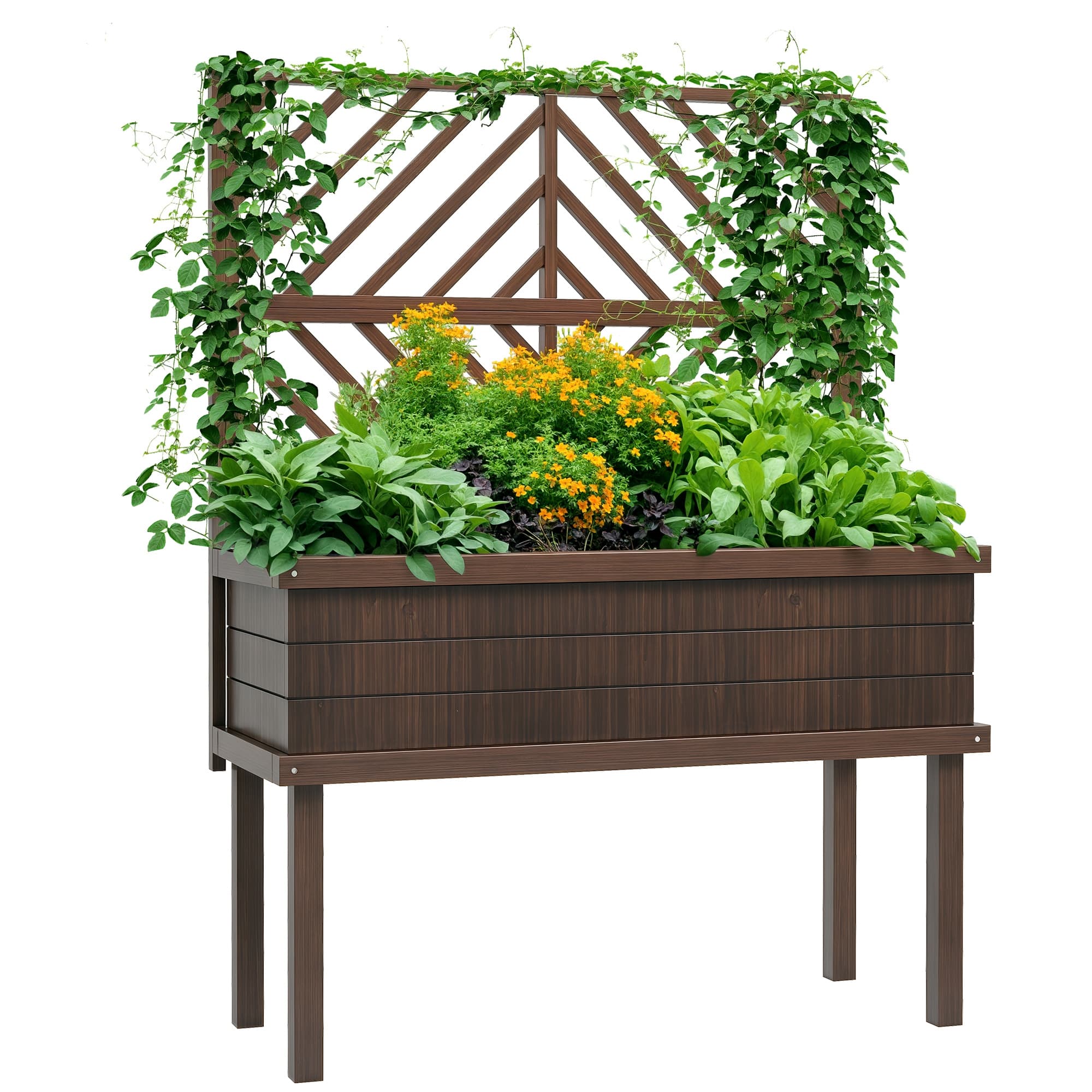 Outsunny - Raised Garden Bed with Trellis for Climbing Plants, Vegetable, Grape Vines, Elevated Planter Box with Legs - Carbonized