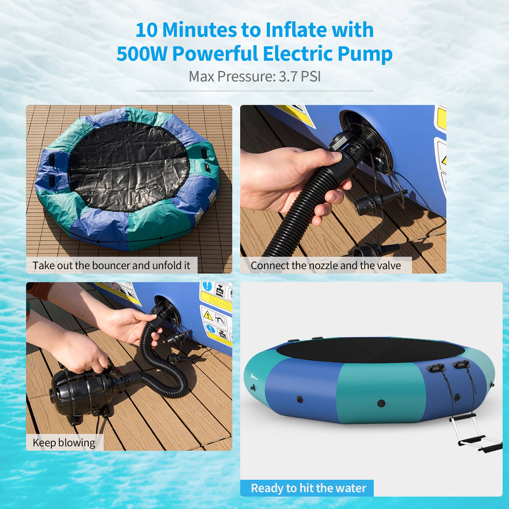 10 Minutes to Inflate with 500W Powerful Electric Pump  
Max Pressure: 3.7 PSI  

1. Take out the bouncer and unfold it  
2. Connect the nozzle and the valve  
3. Keep blowing  
4. Ready to hit the water