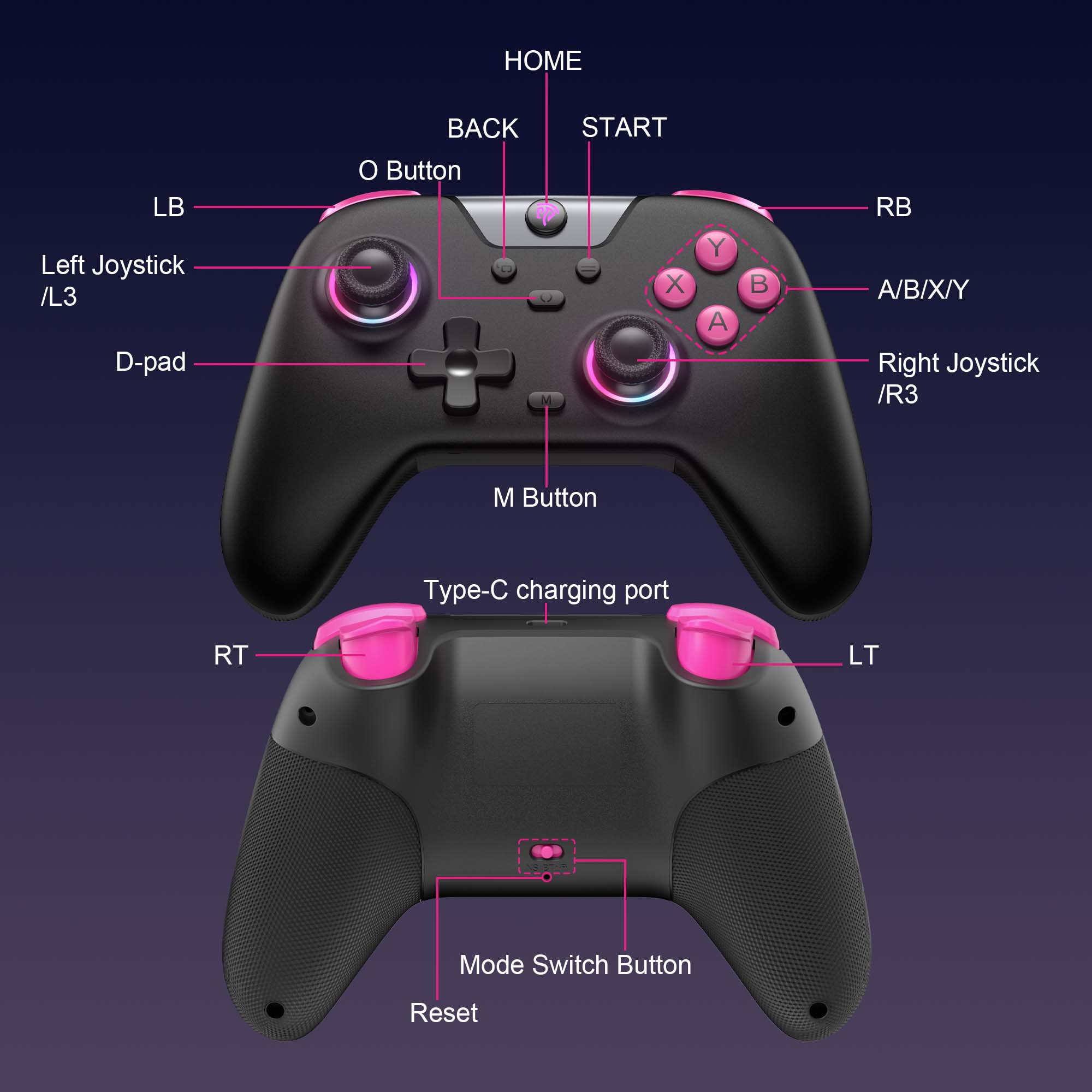 HOME BACK START O Button LB Left Joystick /L3 D-pad RB A/B/X/Y Right Joystick /R3 M Button Type- charging port RT LT Mode Switch Button Reset