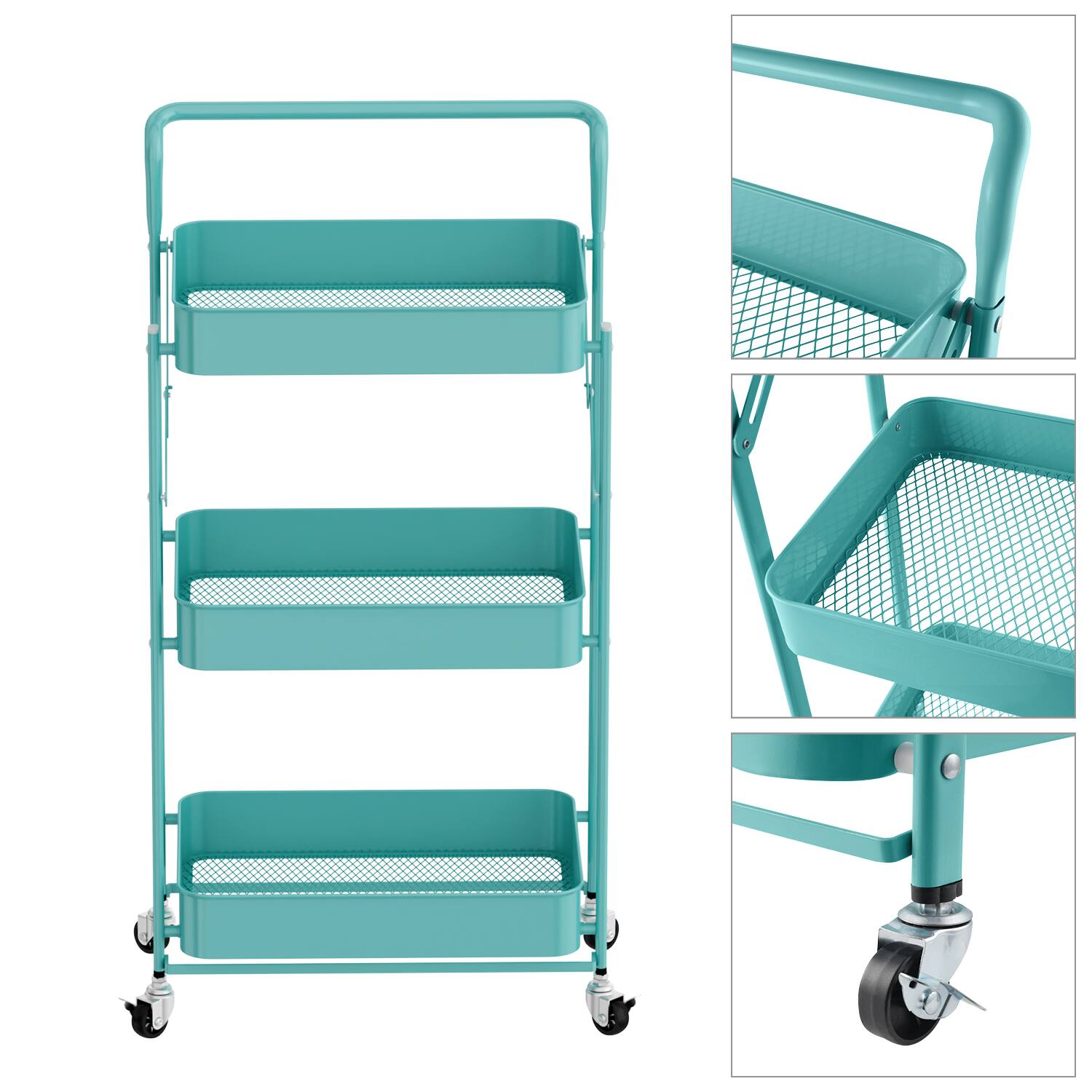 Left. Malletson - 3-Tier Foldable Rolling Cart, Storage Rack with Handle Multi-Purpose and Locking Wheels for Office, Kitchen, Bathroom - BLUE.