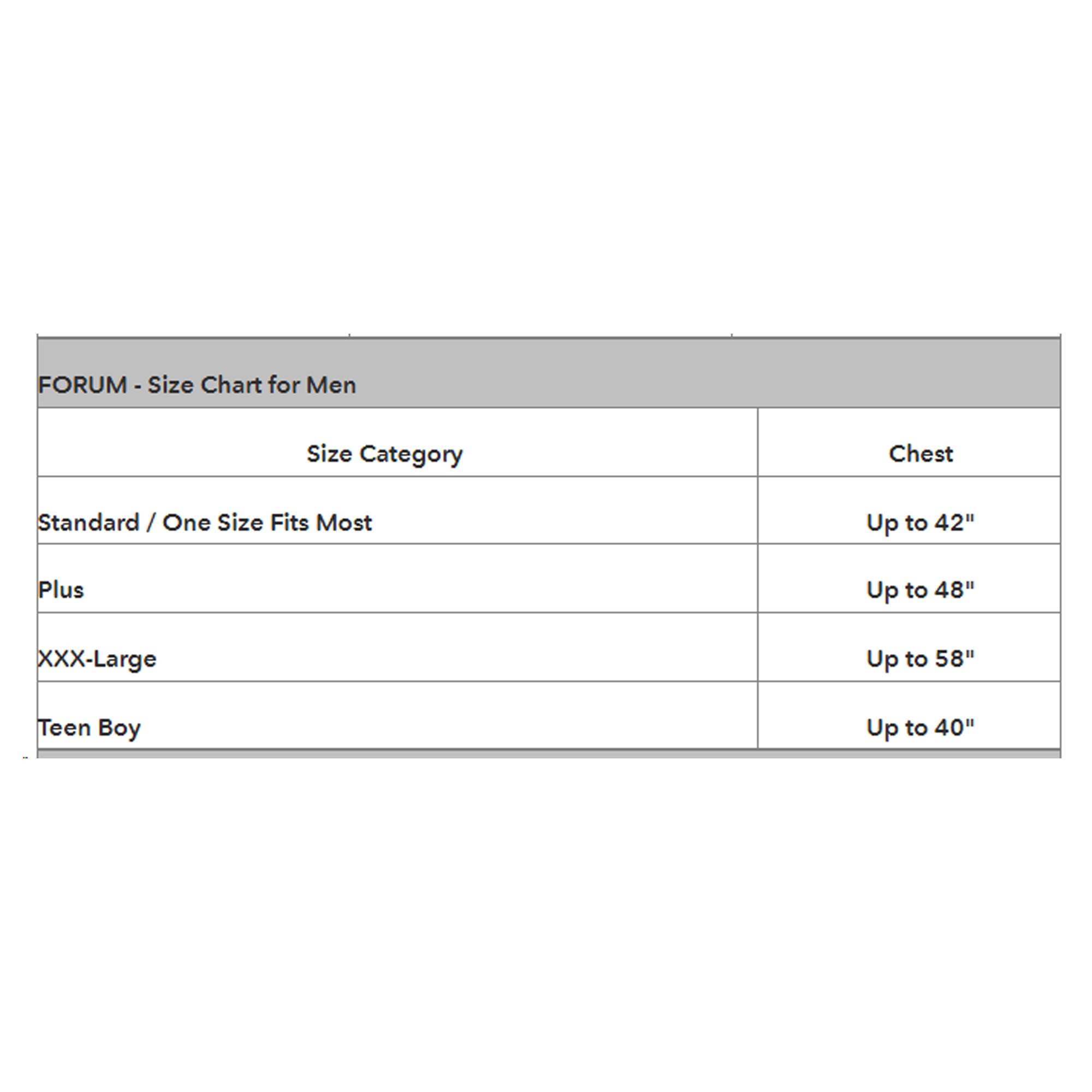 FORUM - Size Chart for Men

| Size Category          | Chest    |
|-----------------------|----------|
| Standard / One Size Fits Most | Up to 42" |
| Plus                  | Up to 48" |
| XXX-Large             | Up to 58" |
| Teen Boy              | Up to 40" |