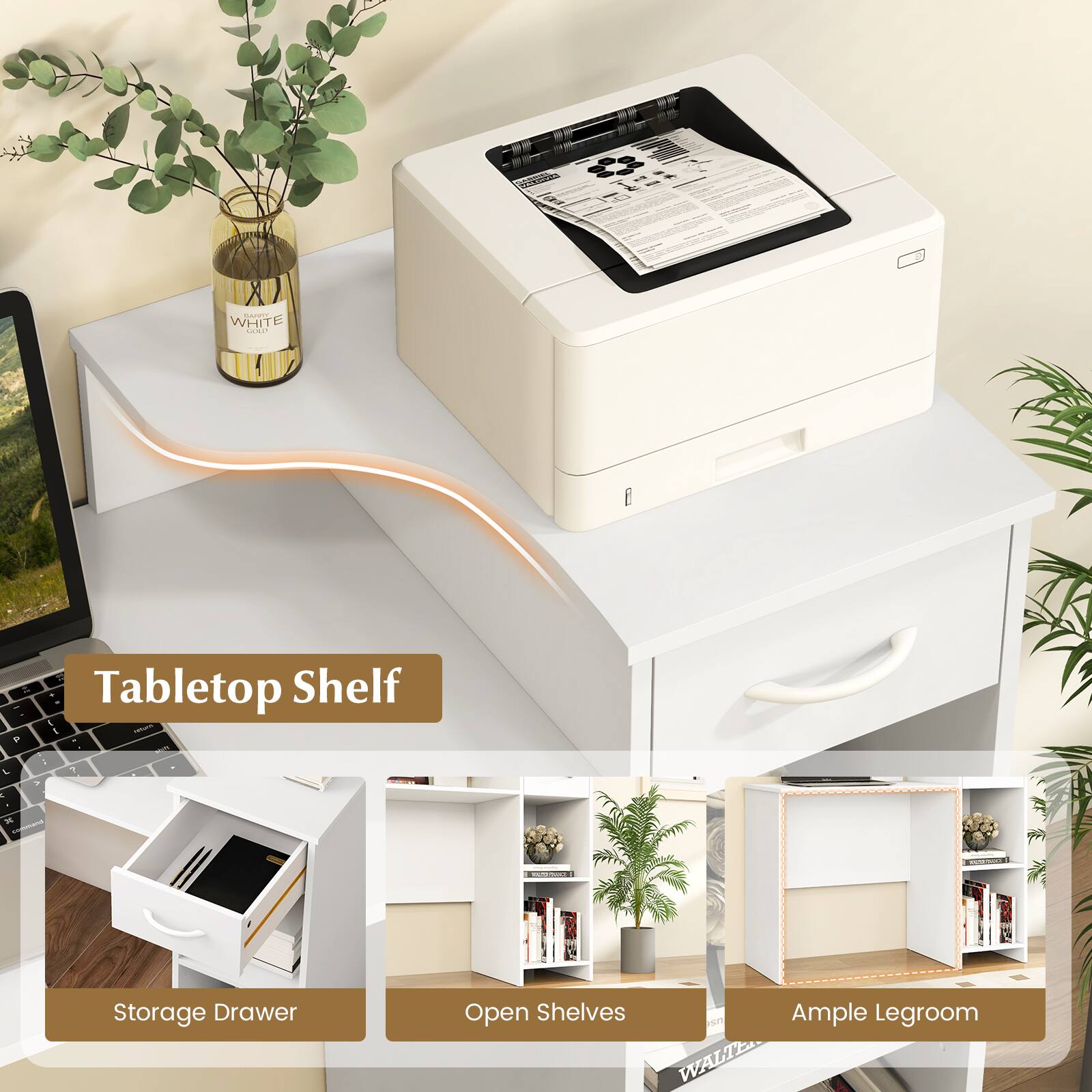 Tabletop Shelf

- Storage Drawer
- Open Shelves
- Ample Legroom