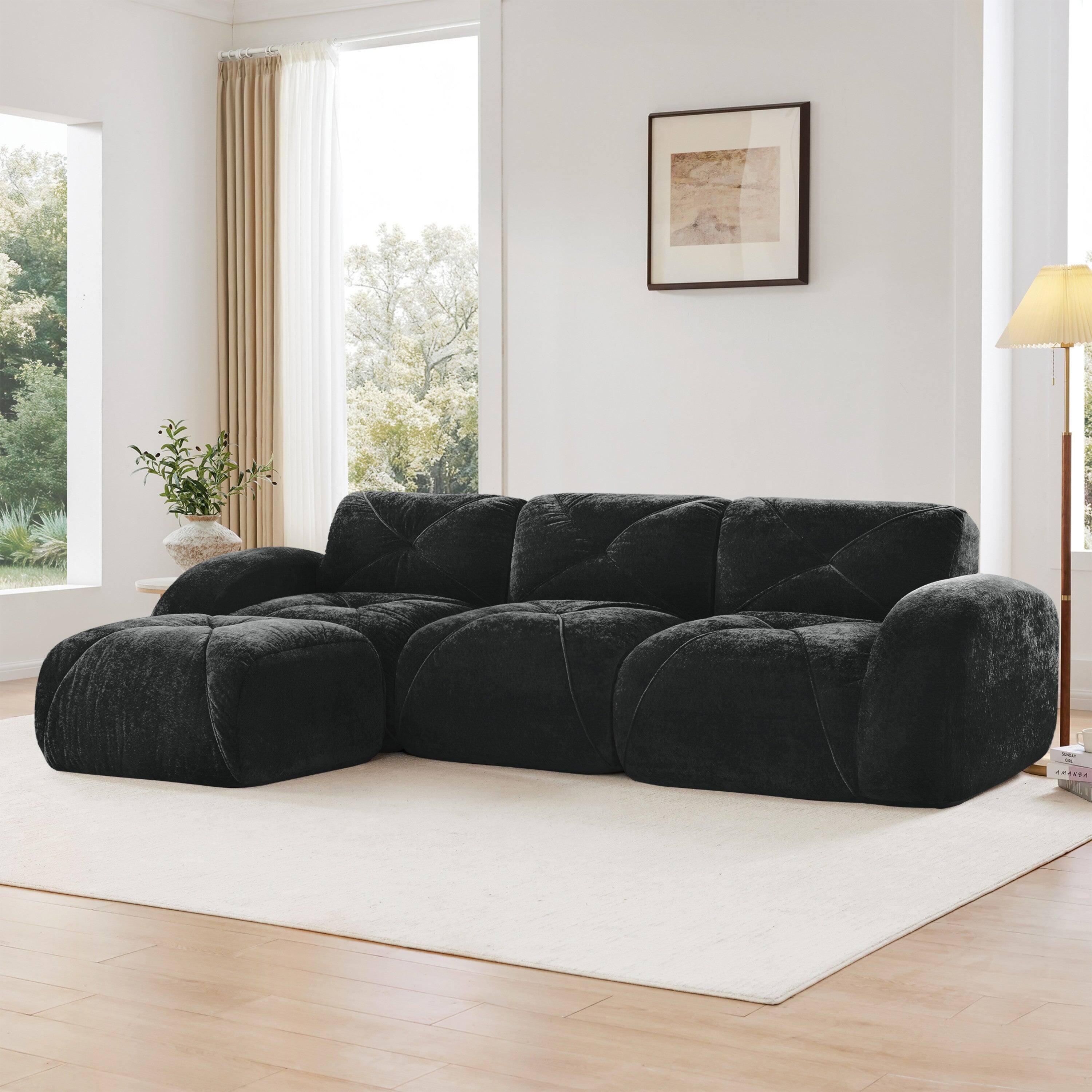 Alt View 3. Boyel Living - L Shaped Velvet Tufted Sofa Movable Ottoman 32D High Density Sponge Ergonomic Anti Slip No Assembly Living Room Black - Black.