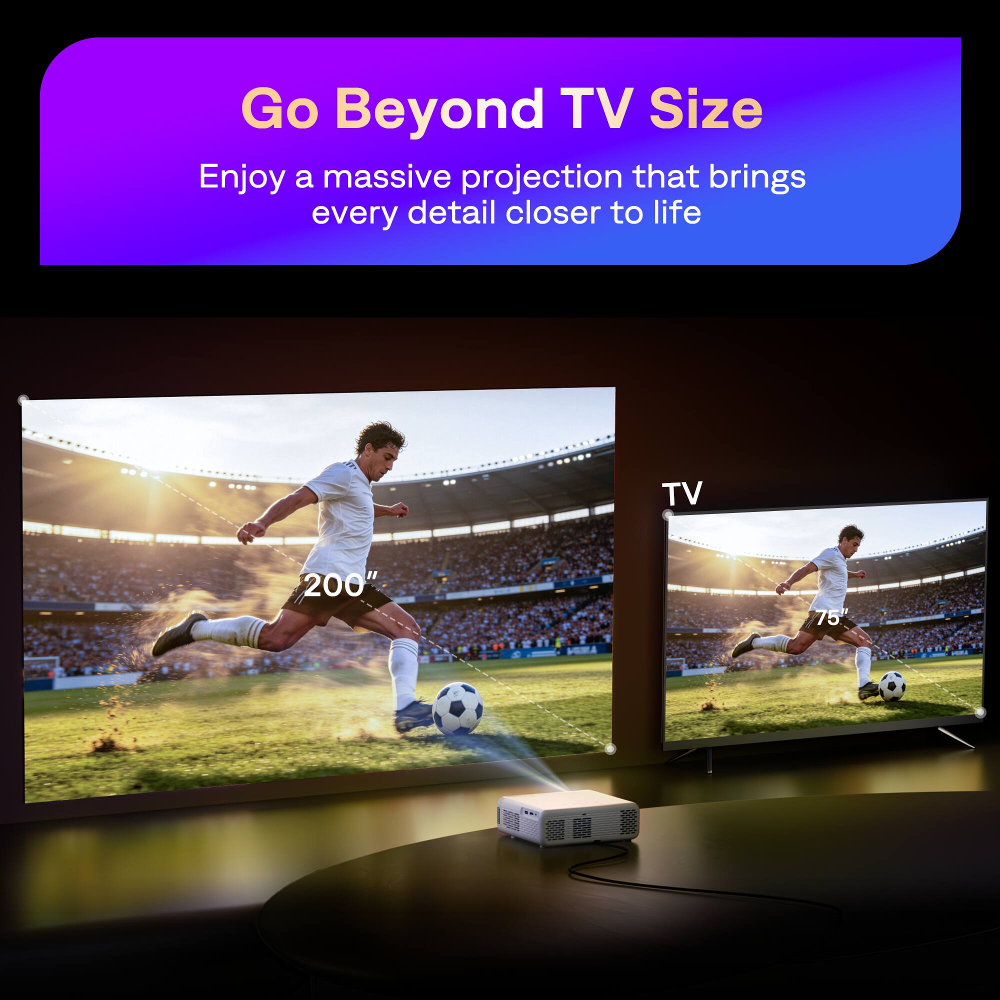Go Beyond TV Size  
Enjoy a massive projection that brings every detail closer to life  
TV 200" 75"