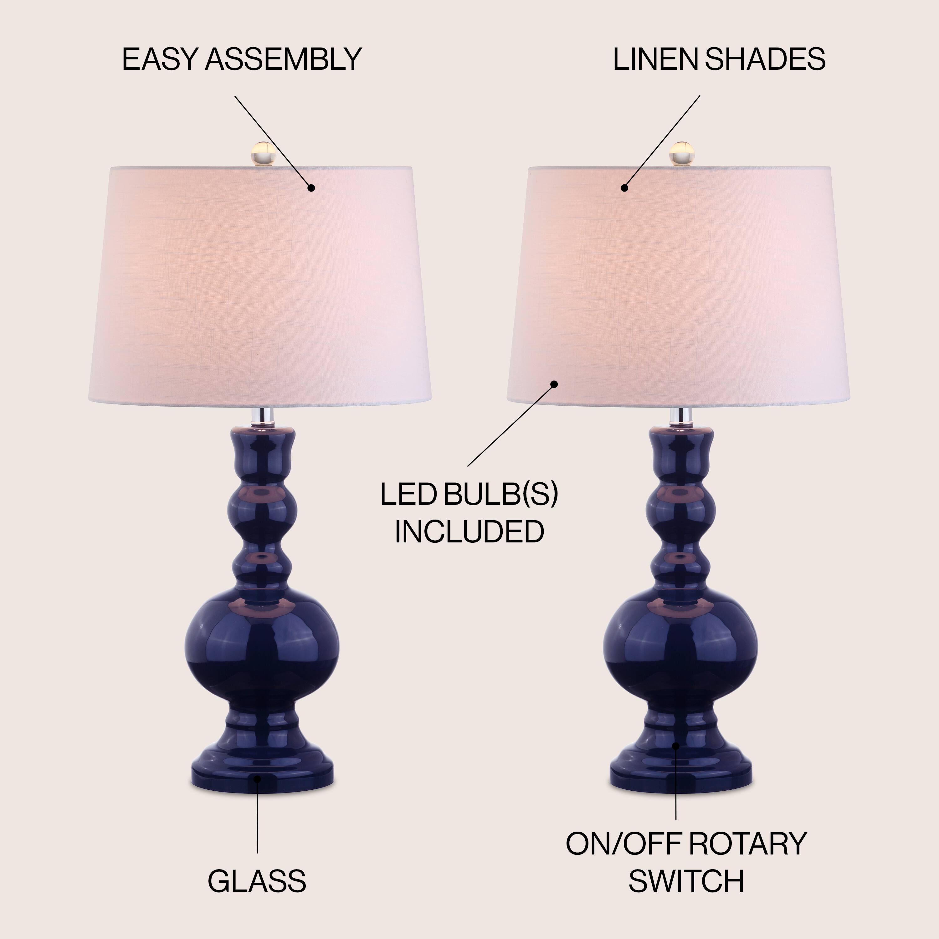 EASY ASSEMBLY  
LINEN SHADES  
LED BULB(S) INCLUDED  
GLASS  
ON/OFF ROTARY SWITCH