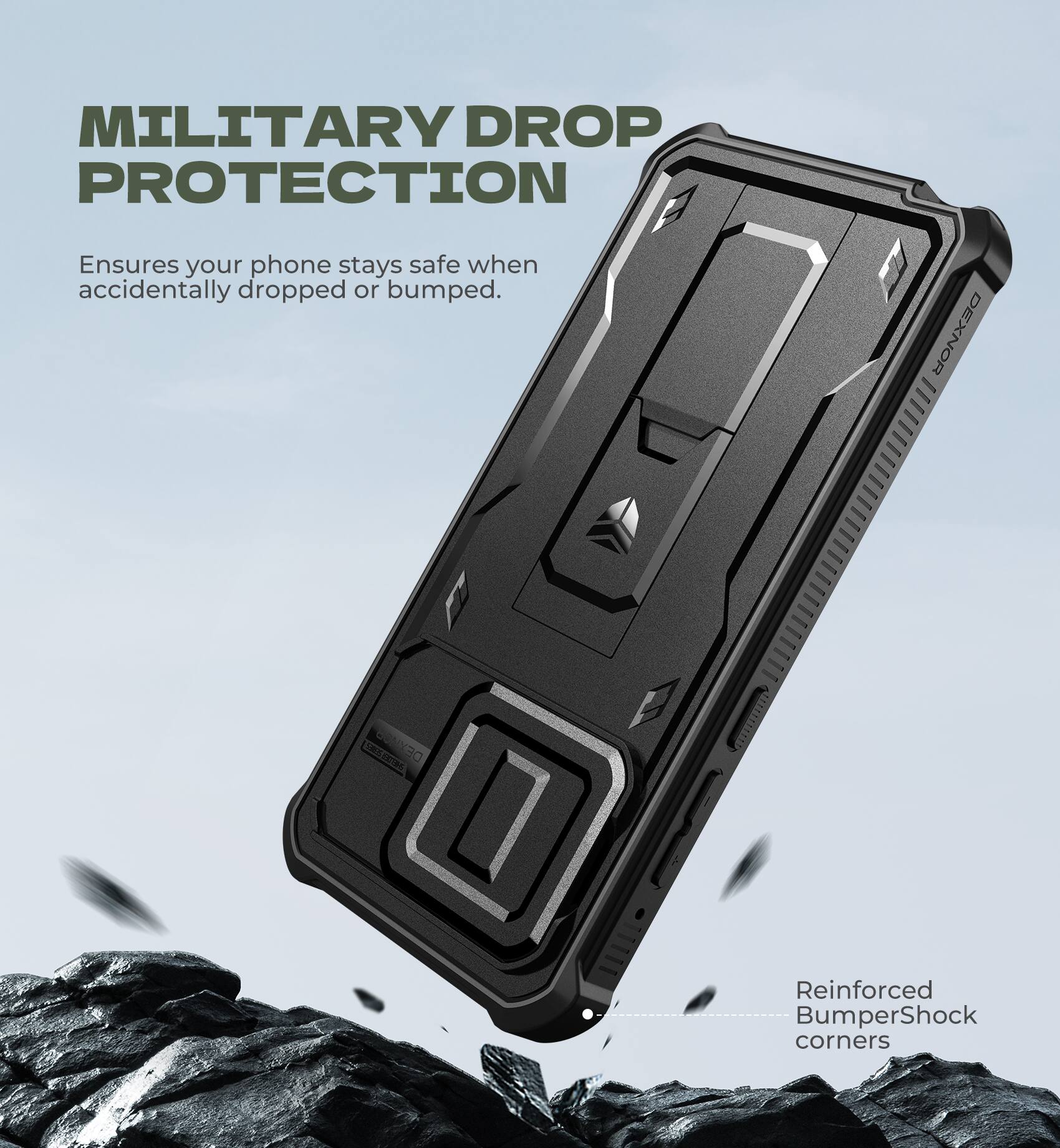 MILITARY DROP PROTECTION  
Ensures your phone stays safe when accidentally dropped or bumped.  

Reinforced BumperShock corners