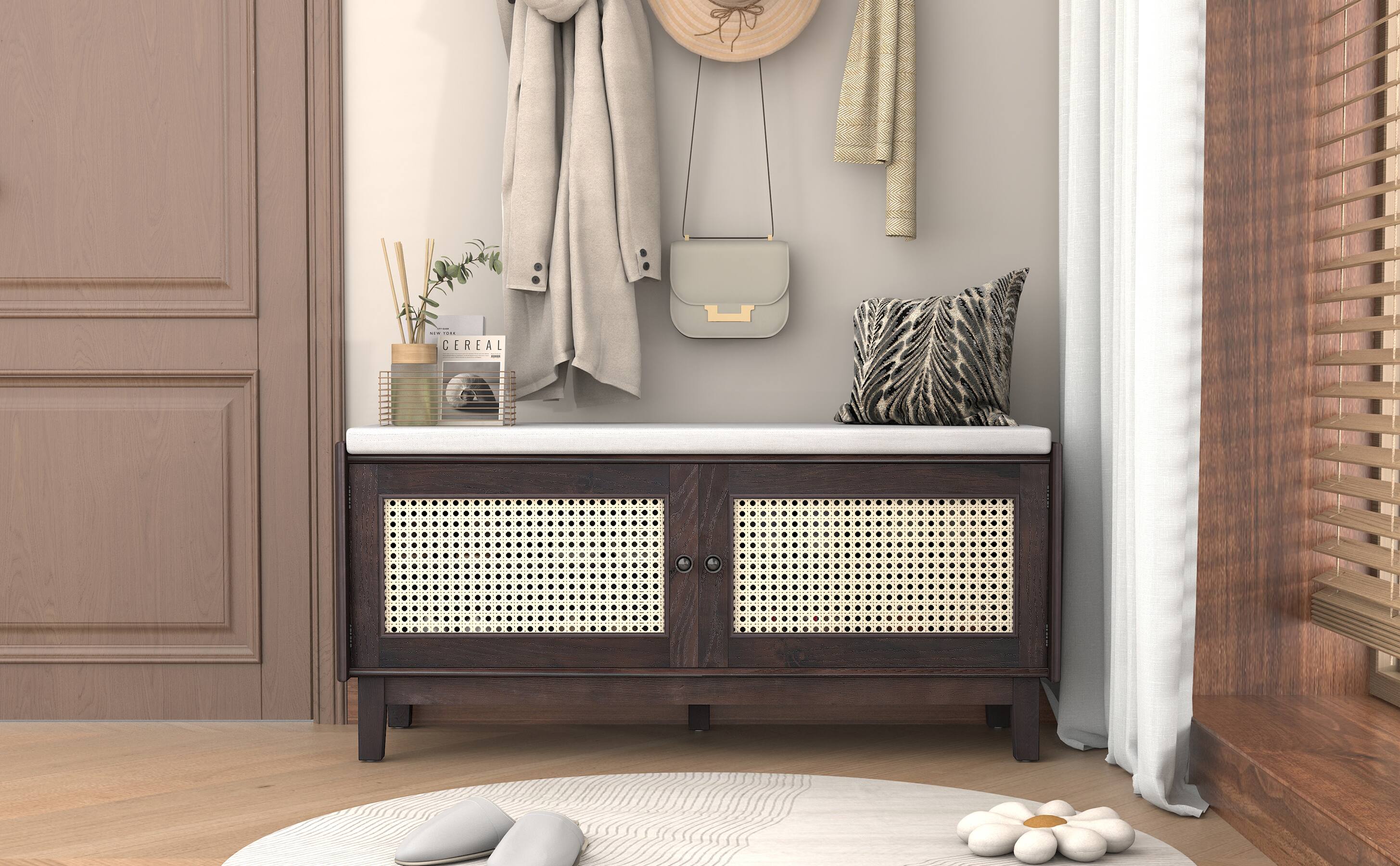 Left. Ropilly - Ropilly Boho Rattan Entryway Bench with Storage, Cushioned Shoe Organizer with Doors and Adjustable Shelves, Espresso - Espresso and Beige.