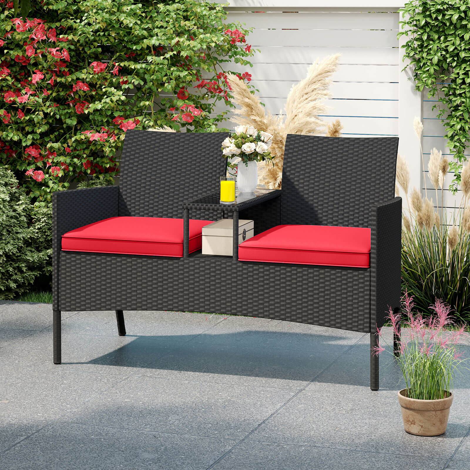Alt View 1. Costway - Costway Patio Loveseat with Built-in Table Soft Cushions & Tempered Glass Tabletop - Red.