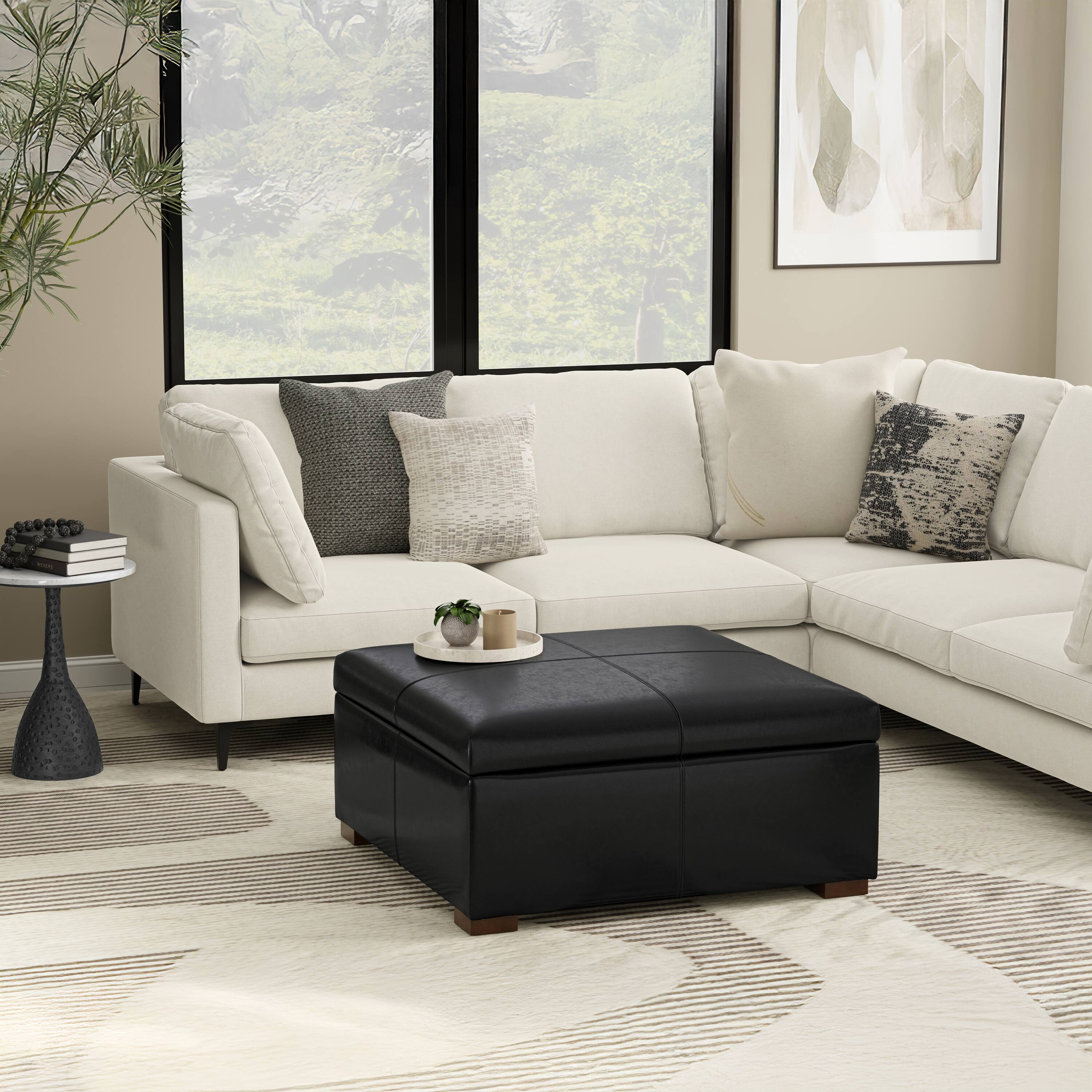 Left. Simpli Home - Gabbie 36 inch Wide Square Coffee Table Storage Ottoman in Midnight Black PU Vegan Leather - Midnight Black.