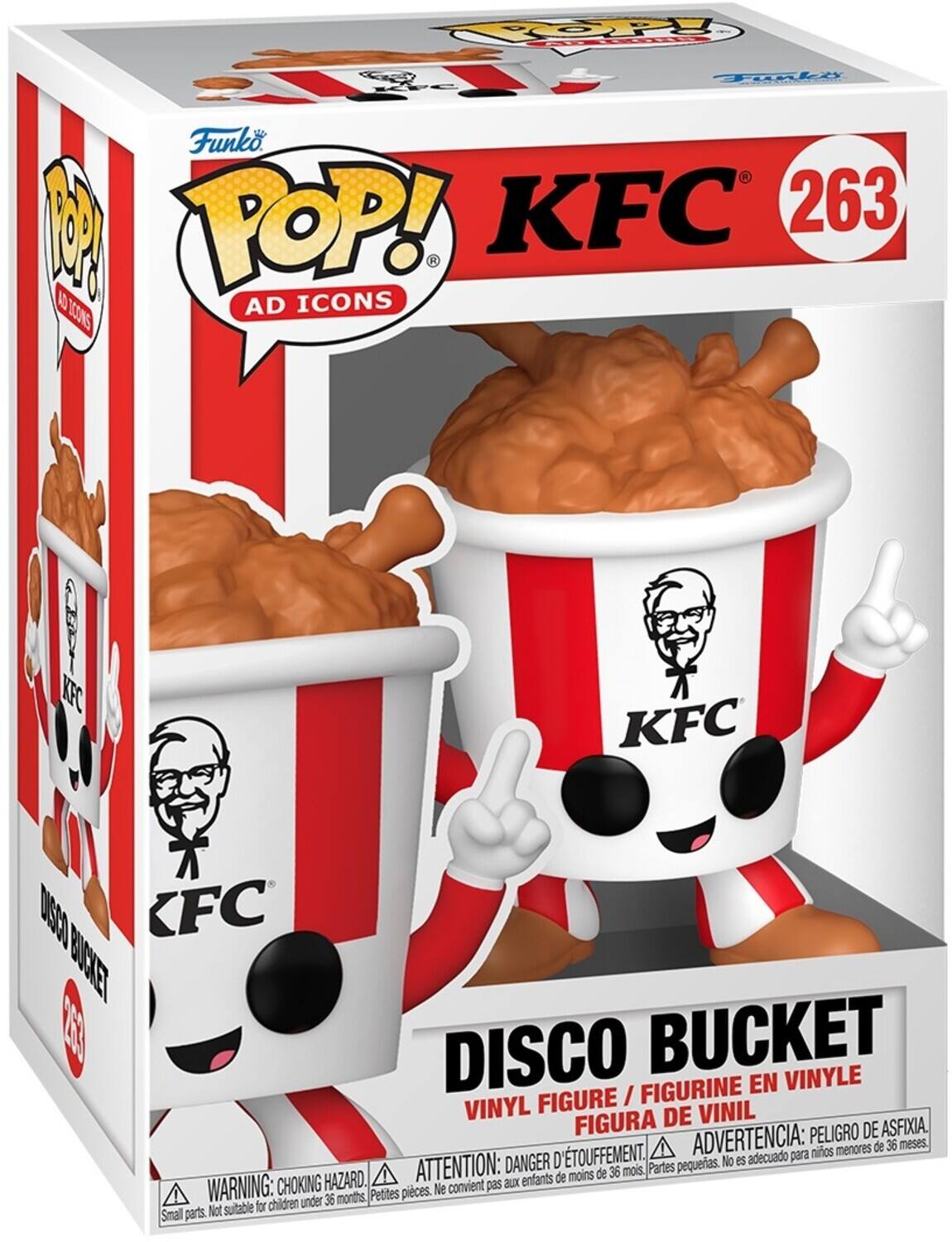Funko POP! AD ICONS  
KFC 263  
DISCO BUCKET  
VINYL FIGURE / FIGURINE EN VINYLE / FIGURA DE VINIL  

WARNING: CHOKING HAZARD. Small parts. Not suitable for children under 36 months.  
ADVERTENCIA: PELOJO DE ASFIXIA. No es adecuado para niños menores de 36 meses.  
ATTENTION: DANGER D'ÉTOUFFEMENT. Ne convient pas aux enfants de moins de 36 mois.  
PELIGRO DE ASFIXIA. No es adecuado para niños menores de 36 meses.