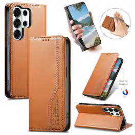 Dteck - For Samsung Galaxy S26 Ultra Wallet Case with Wristband, Faux Leather Card Slot Magnetic Closure Stand Shockproof Cover - Brown