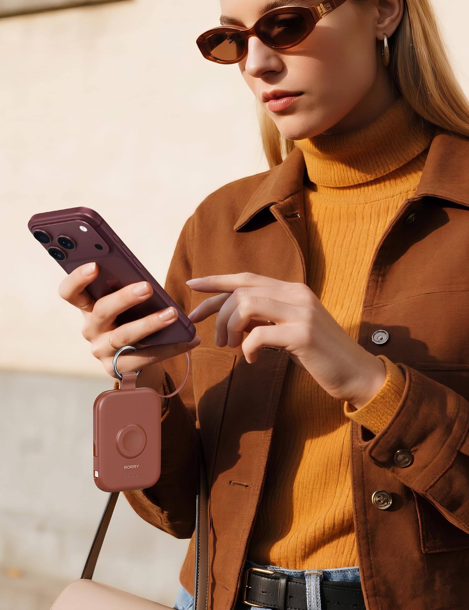 Alt View 1. RORRY - RORRY CharmGo 5000mAh Portable Charger with Built-in Cables, Keychain Design, Compatible with Apple Watch and iPhone - Cinnamon Clay.