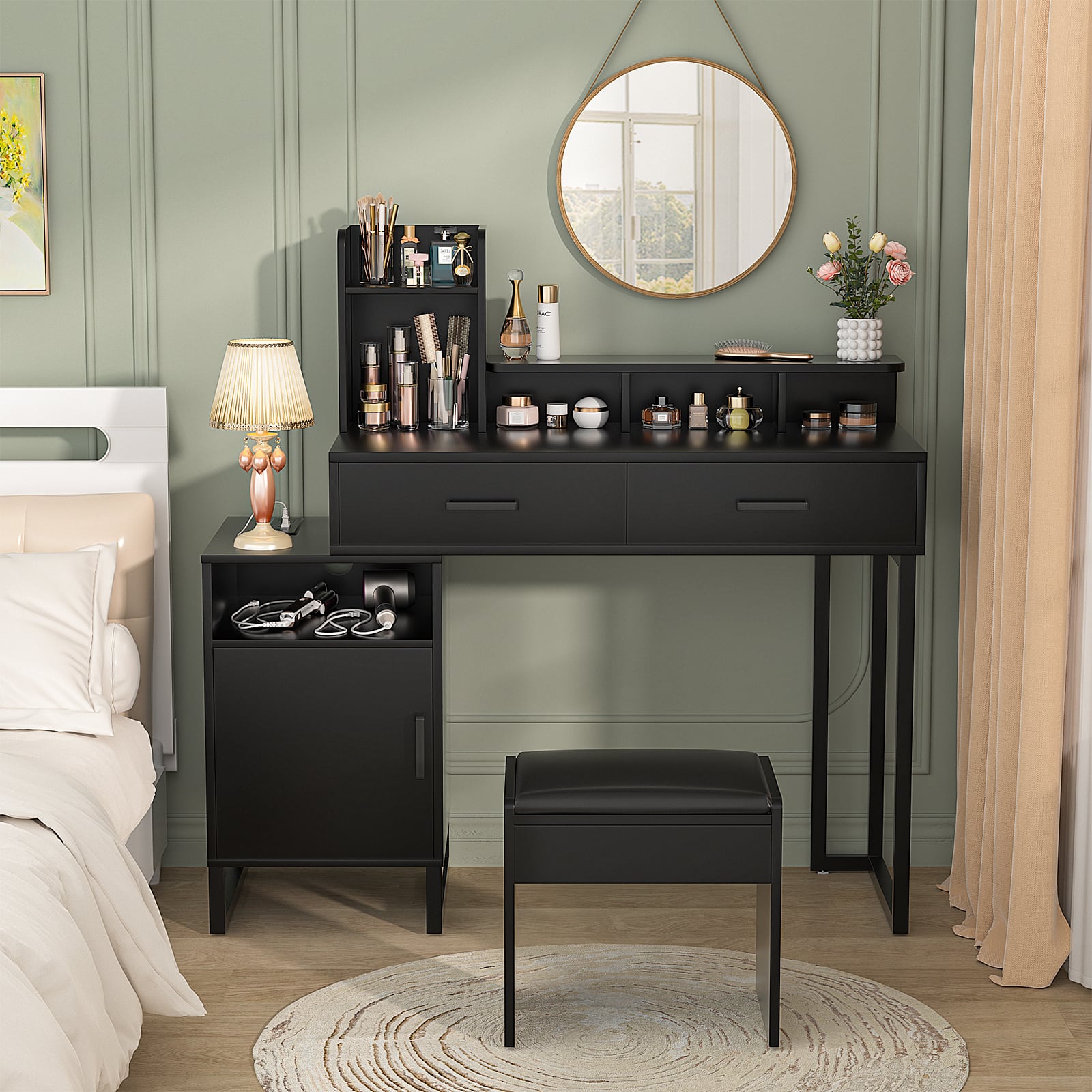 Aheaplus - 36'' Wide Small Makeup Vanity Desk with Charging Station, 2 Drawers, and Cabinet for Bedroom - Black price history on PriceWatchPro