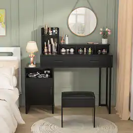 Aheaplus - 36'' Wide Small Makeup Vanity Desk with Charging Station, 2 Drawers, and Cabinet for Bedroom - Black