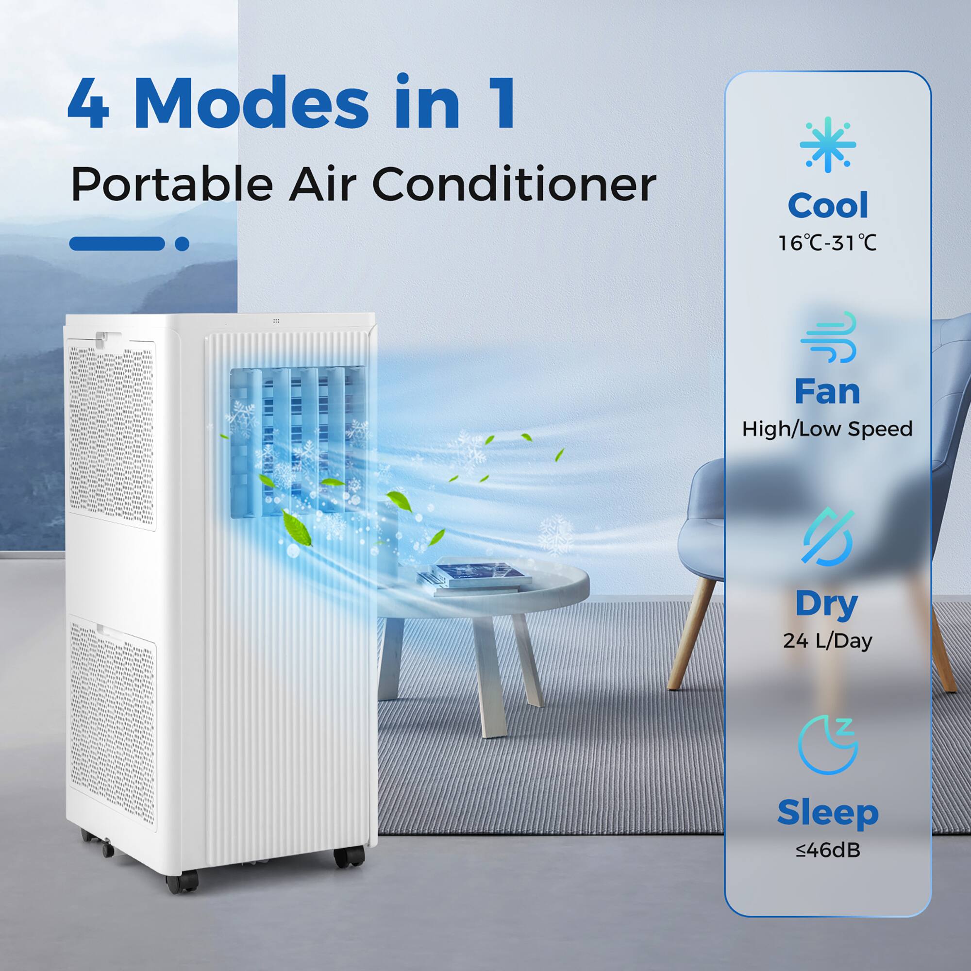 4 Modes in 1 Portable Air Conditioner

- Cool: 16°C-31°C
- Fan: High/Low Speed
- Dry: 24 L/Day
- Sleep: <46dB