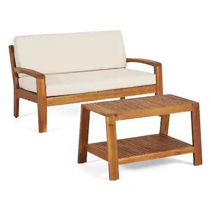 Front. Whisen - 2-Piece Outdoor Acacia Wood Conversation Set - Loveseat & Coffee Table with Water-Resistant Cushions - Beige|Teak.