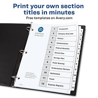 Print your own section titles in minutes  
Free templates on Avery.com  

1. Introduction  
2. Company Overview  
3. Policies  
4. Compensation  
5. Medical Benefits  
6. Dental Plan  
7. Savings Plan  
8. Profit Sharing  
9. Performance Review  
10. Retirement  
11. Travel  
12. Expense Reports  

San Francisco, CA