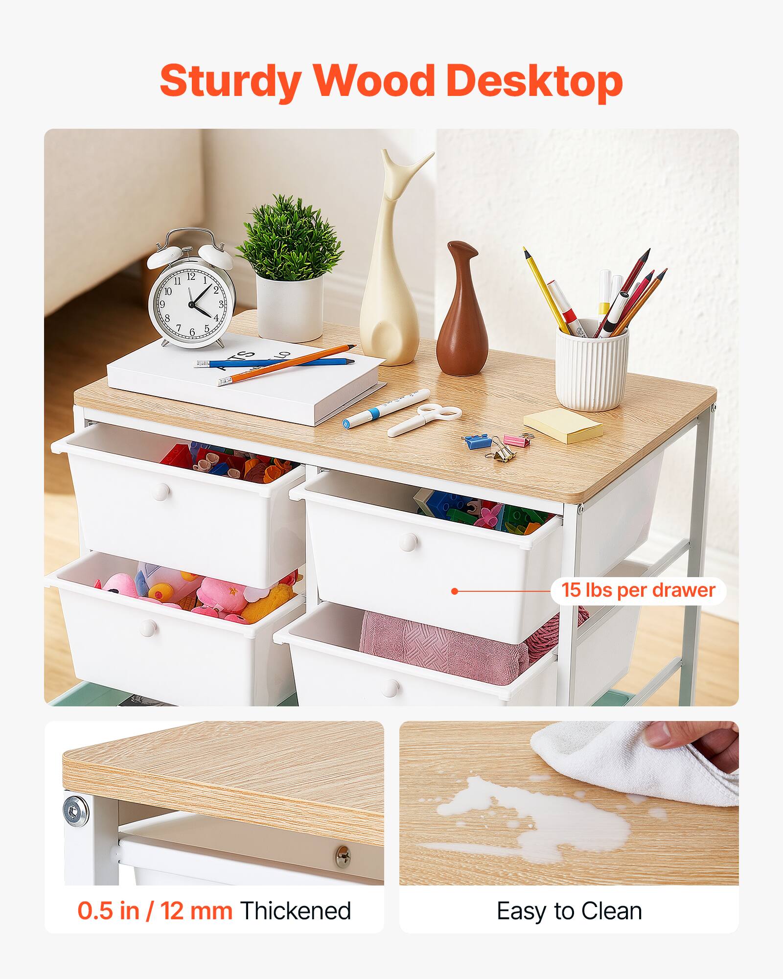 Sturdy Wood Desktop

15 lbs per drawer

0.5 in / 12 mm Thickened

Easy to Clean