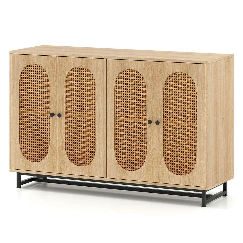 Kadyn - 50" Sideboard Storage Cabinet with 4 Rattan Doors & Adjustable Shelves, Natural - Brown
