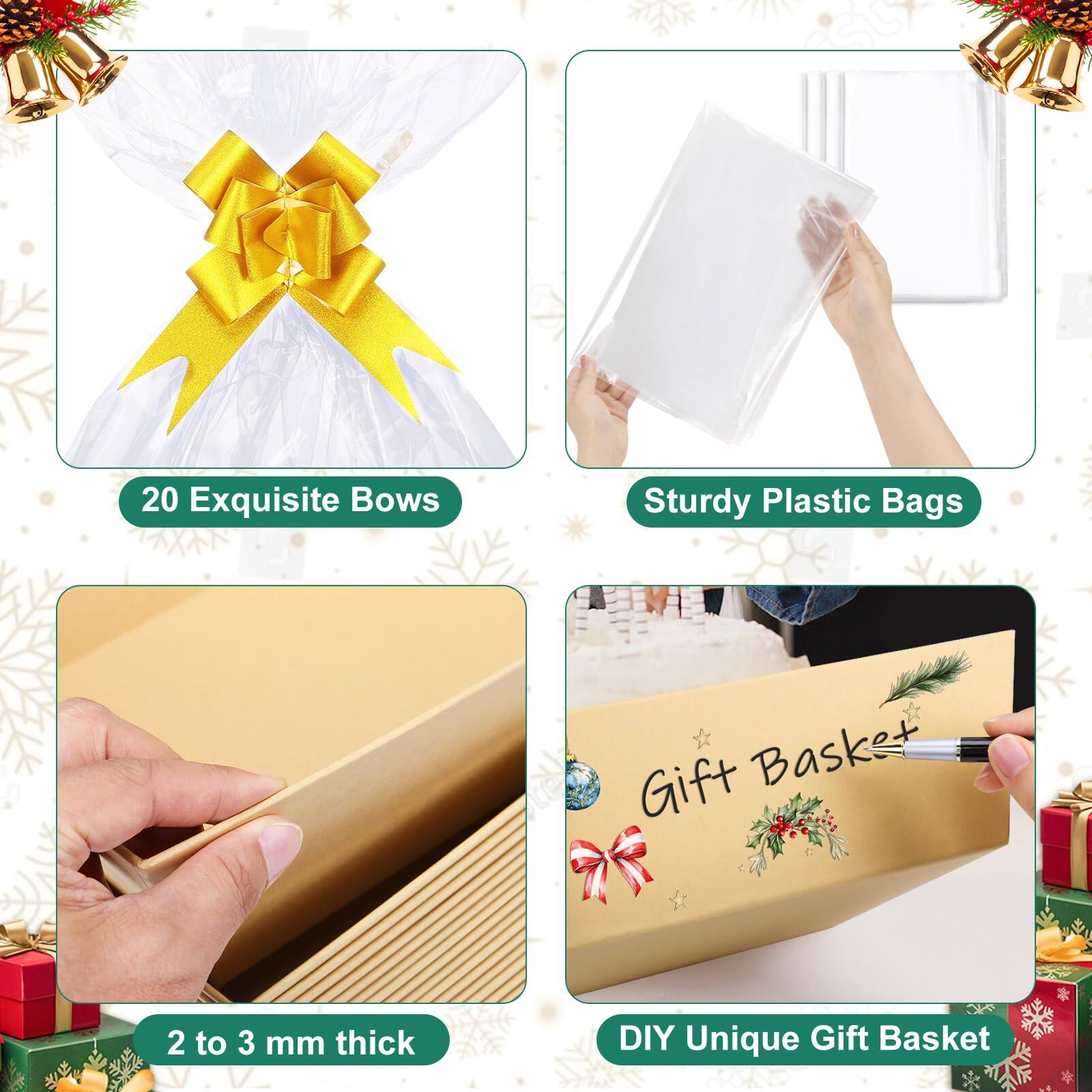 - 20 Exquisite Bows
- Sturdy Plastic Bags
- 2 to 3 mm thick
- DIY Unique Gift Basket