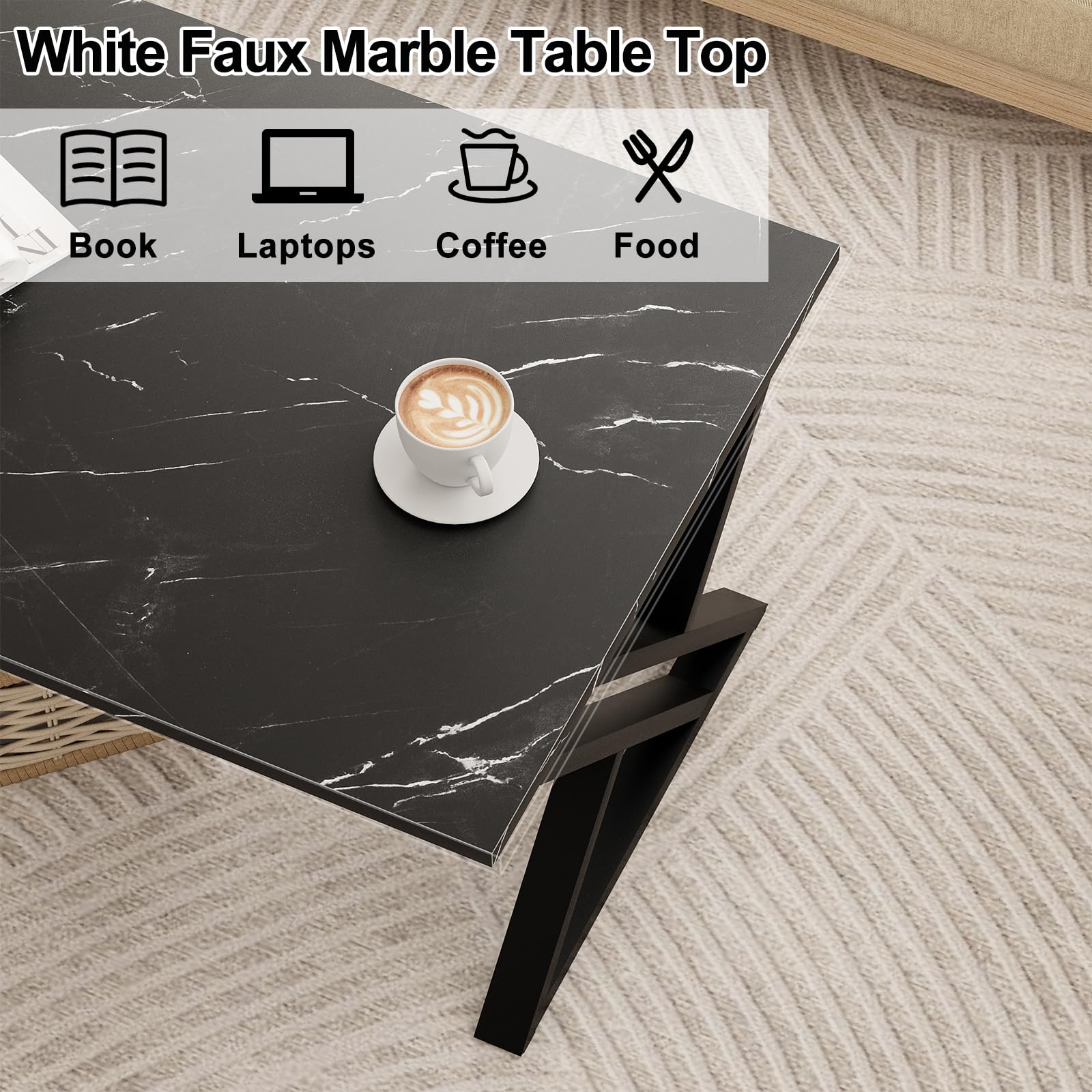White Faux Marble Table Top

- Book
- Laptops
- Coffee
- Food