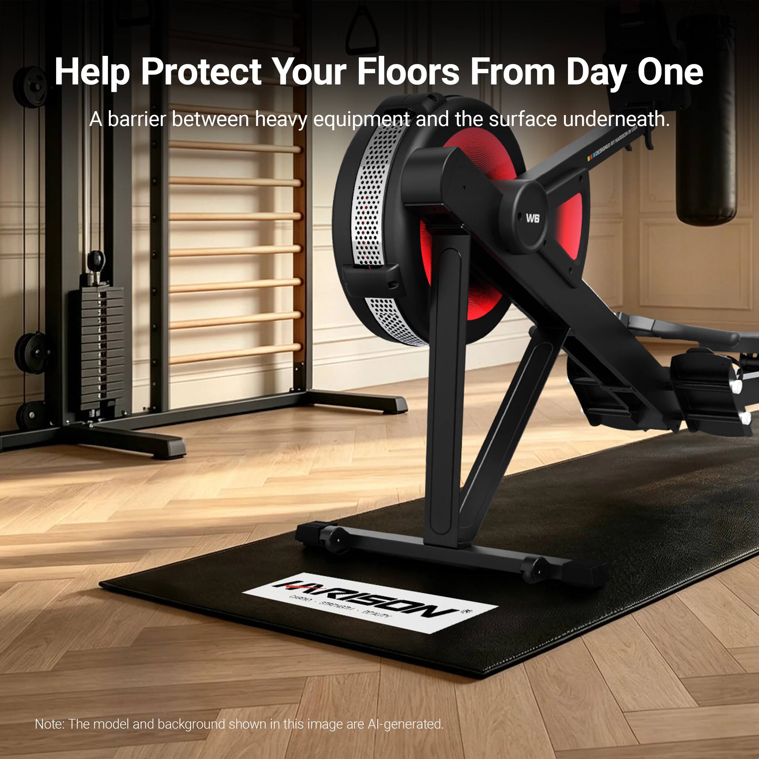 Help Protect Your Floors From Day One  
A barrier between heavy equipment and the surface underneath.  

WB  
WARISON CARDO STROWATH  

Note: The model and background shown in this image are AI-generated.