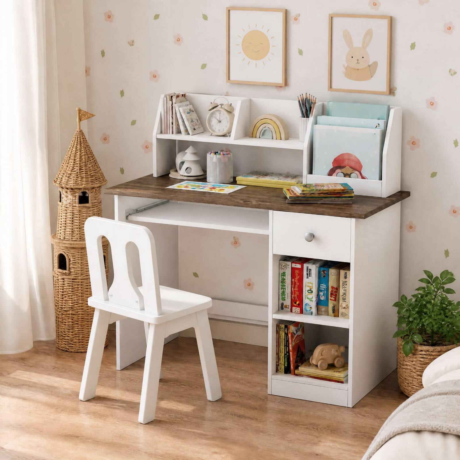 Alt View 4. Costway - Costway Kids Study Desk, Wooden Writing Table with Keyboard Tray & Drawer,Side Bookshelf - Natural.