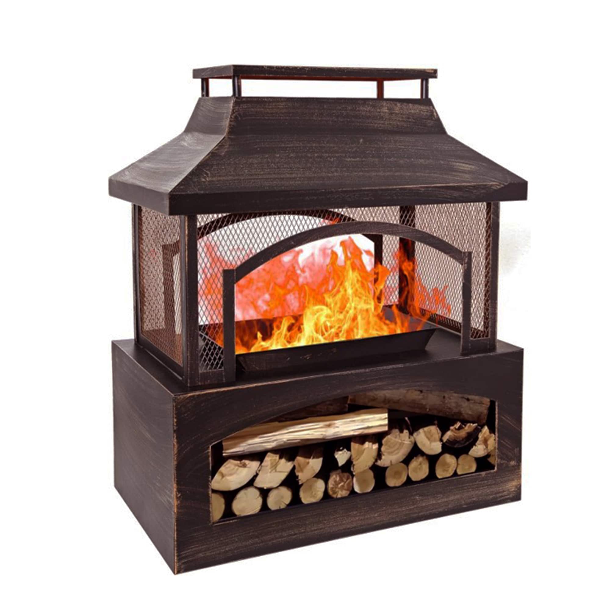 Front. Bestier - Bestier 32" Durable Steel Rectangular Freestanding Wood Burning Fireplace with Log Rack for Outdoor Use - Brown.