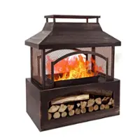 Bestier 32" Durable Steel Rectangular Freestanding Wood Burning Fireplace with Log Rack for Outdoor Use - Brown - Front_Zoom