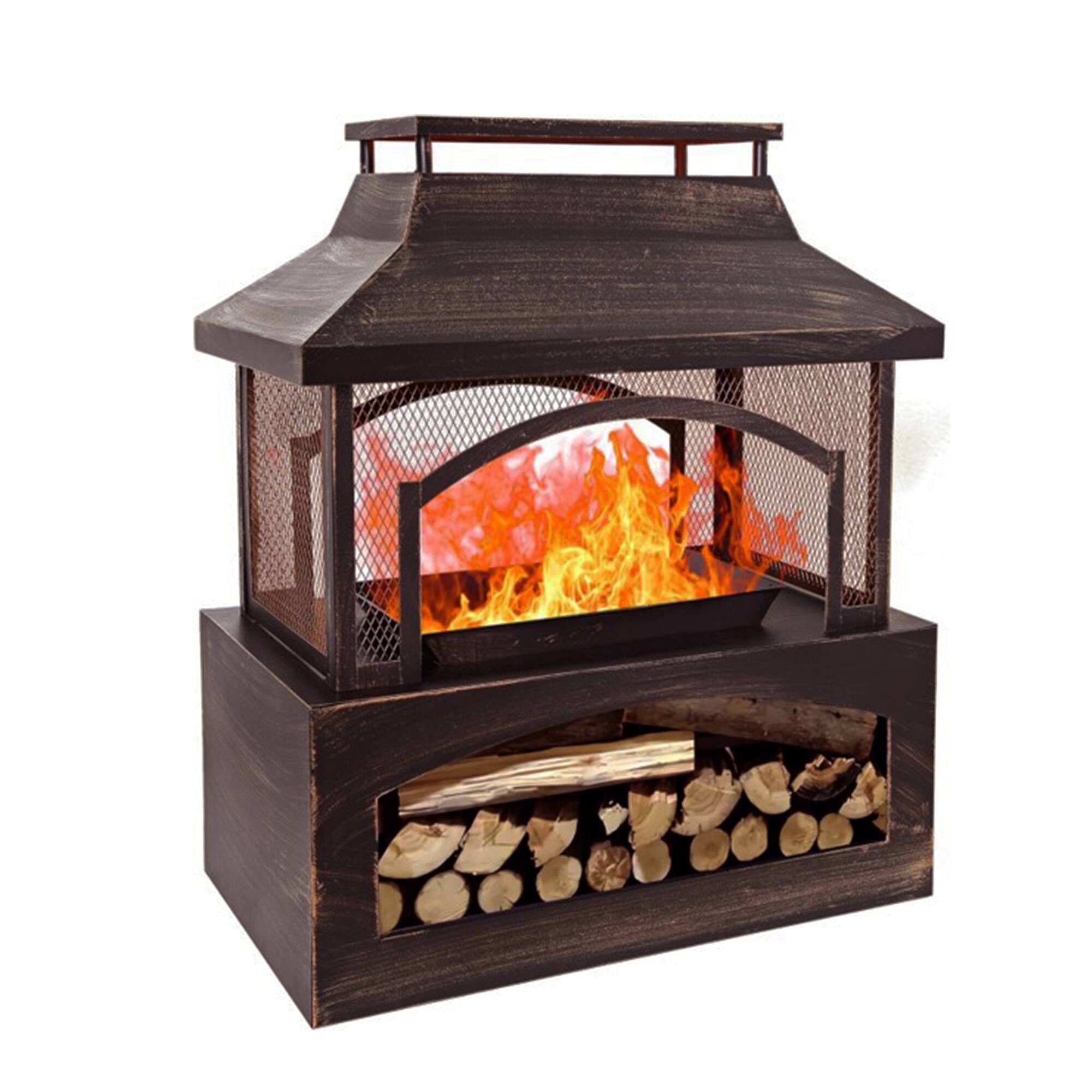 Bestier - 32" Durable Steel Rectangular Freestanding Wood Burning Fireplace with Log Rack for Outdoor Use - Brown