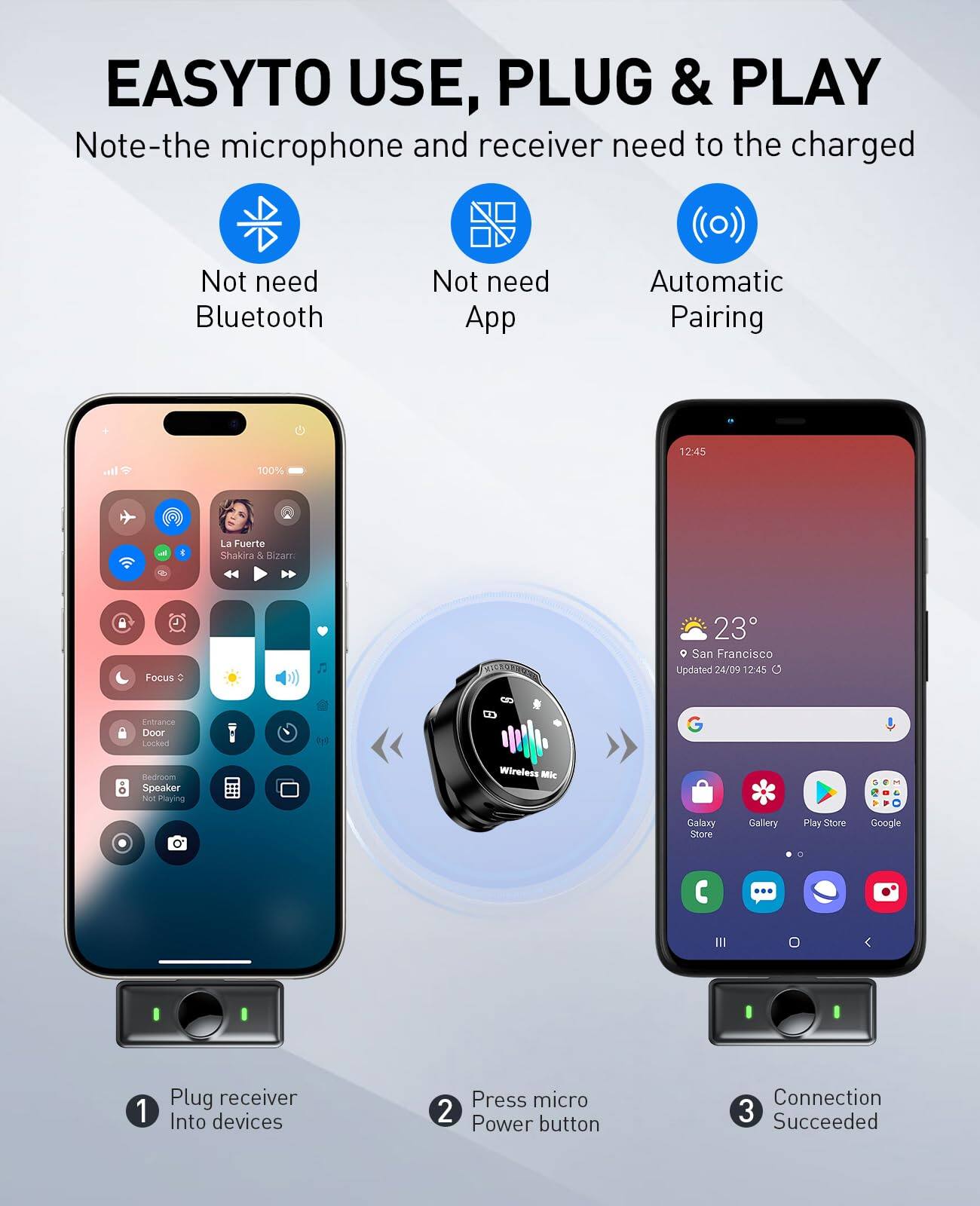 EASY TO USE, PLUG & PLAY

Note-the microphone and receiver need to be charged

- Not need Bluetooth
- Not need App
- Automatic Pairing

1. Plug receiver into devices
2. Press micro power button
3. Connection Succeeded

12:45 100% 4 La Fuerte Shakira 5 Bizarr Focus: #LOTE 23 0 San Francisco Updated 24/09 12:45 Entrance Door Locked Bedroom Speaker Not Playing Wireless Mic

Galaxy Store Gallery Play Store Google