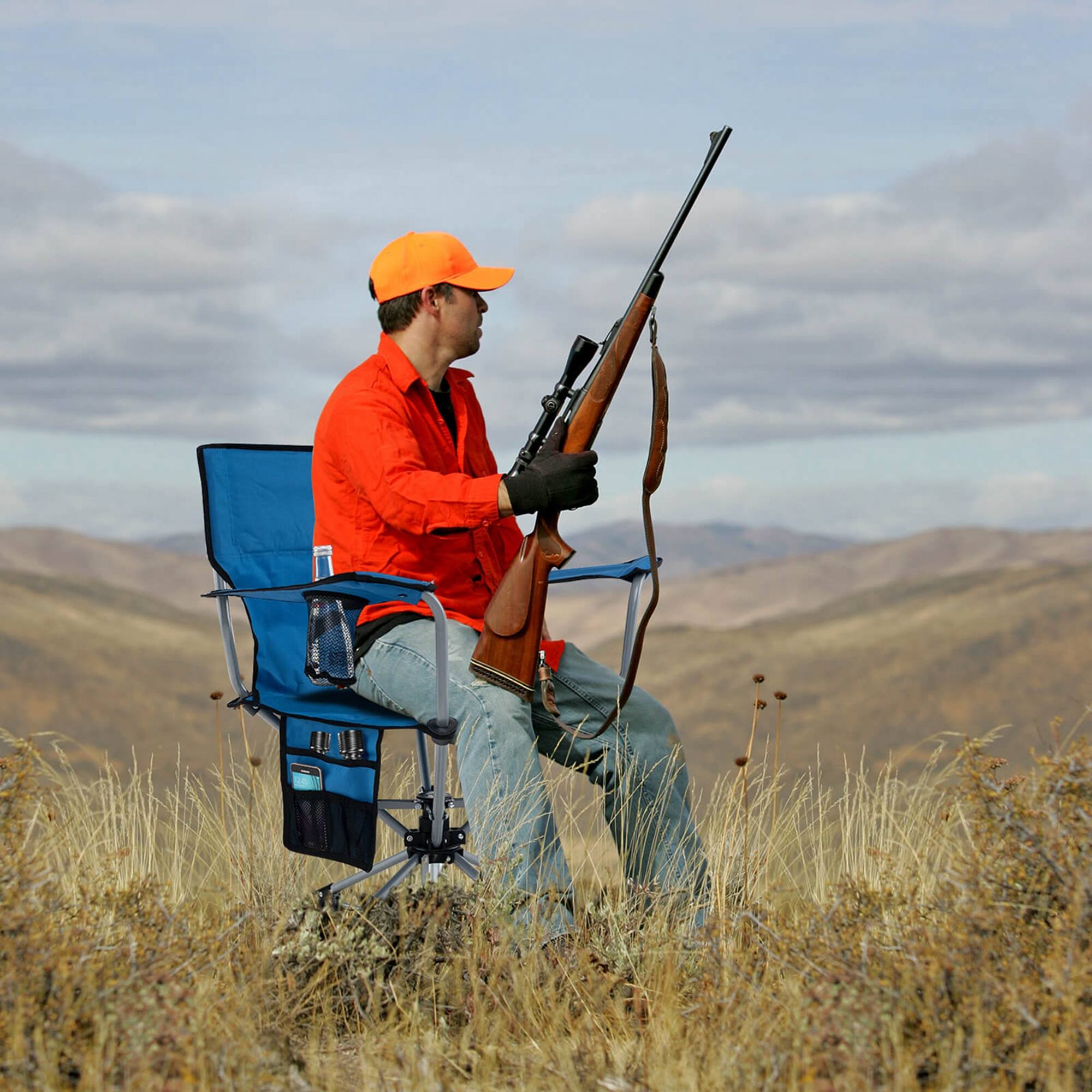 Alt View 11. Costway - 360° Swivel Hunting Chair with Mesh Cup Holder & Storage Pockets Cozy Backrest Blue - Blue.