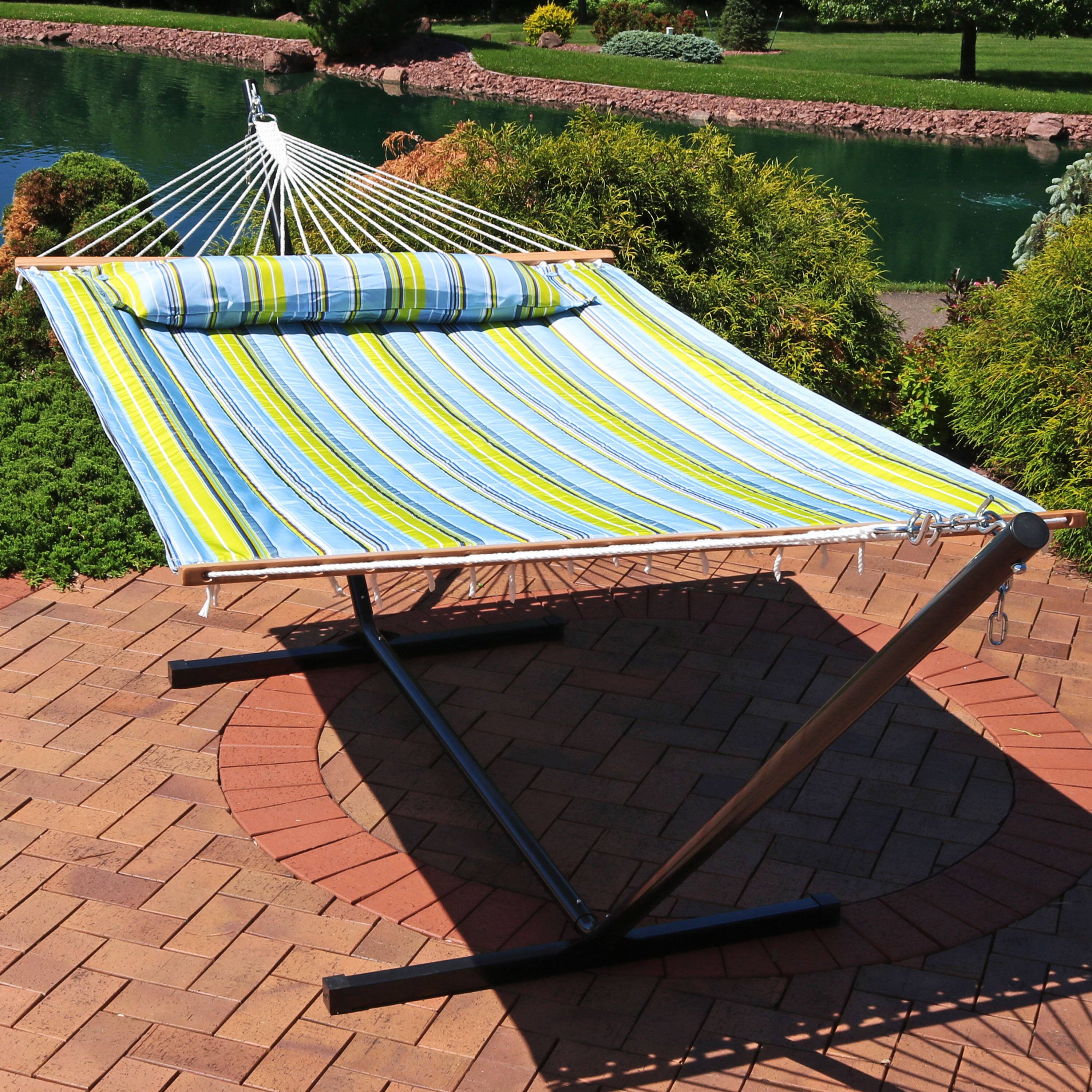 Alt View 4. Sunnydaze - 2-Person Quilted Fabric Hammock with Steel Stand - Blue & Green.