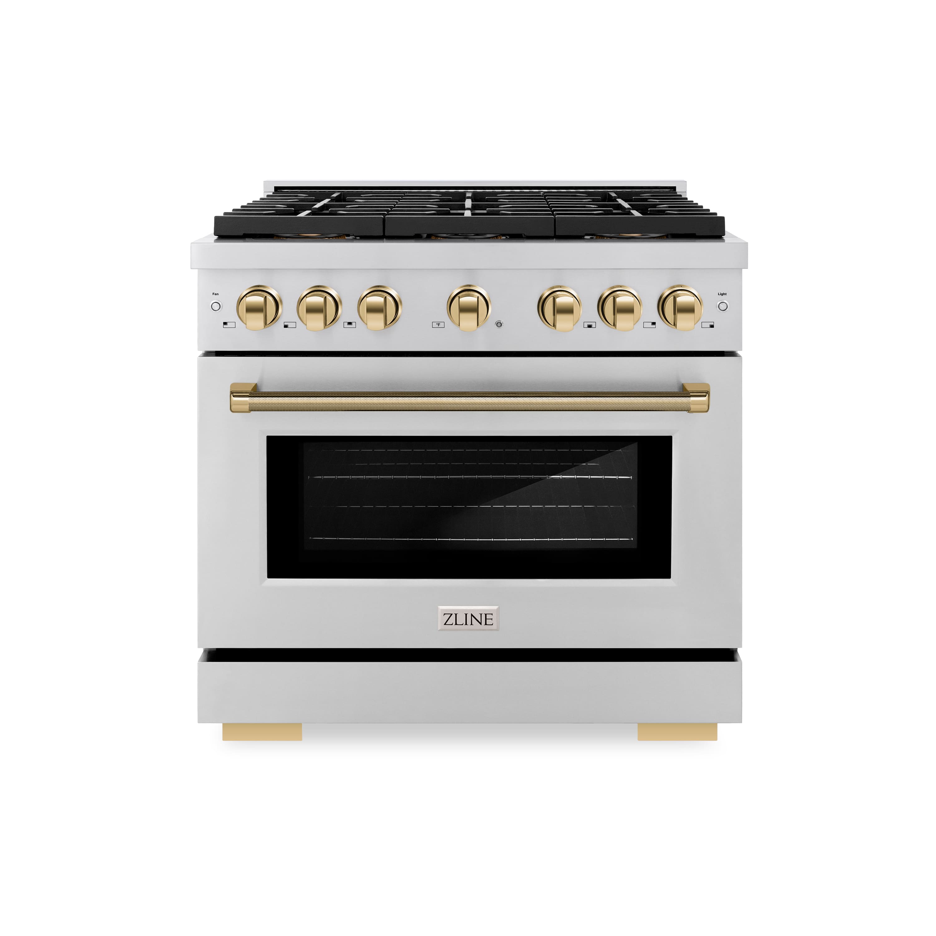 Front. ZLINE - ZLINE Autograph 36 in. 5.2 Cu. Ft. Freestanding Paramount DuoPro Gas Range in Stainless Steel with Gold Helix Handle - Stainless Steel.